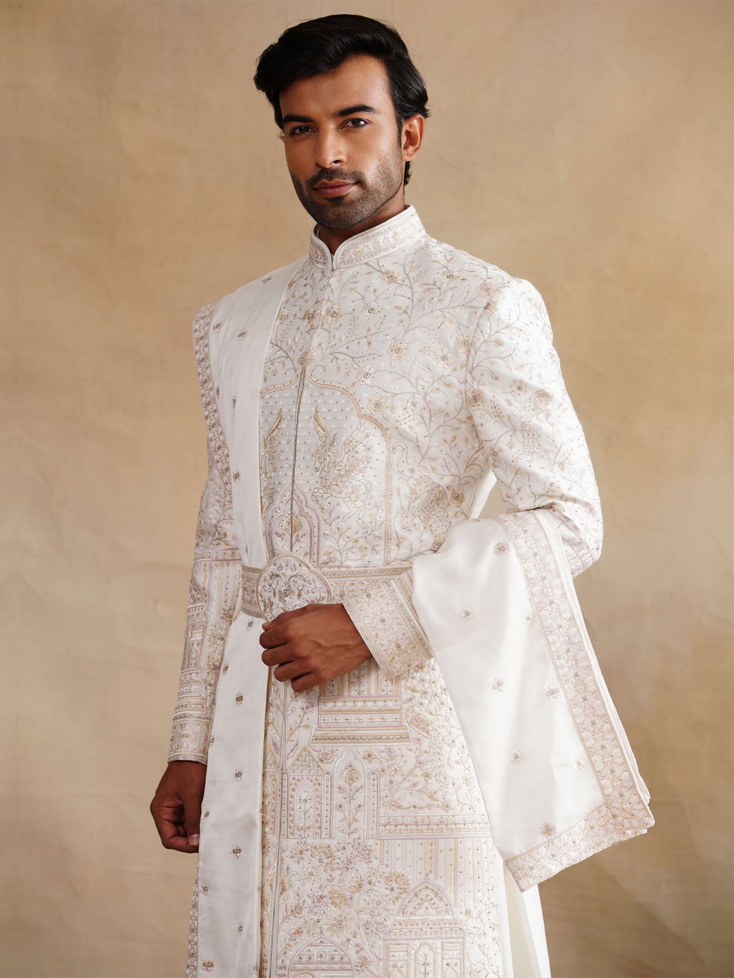 Off White Groom's Wear Sherwani In Anarkali Style
