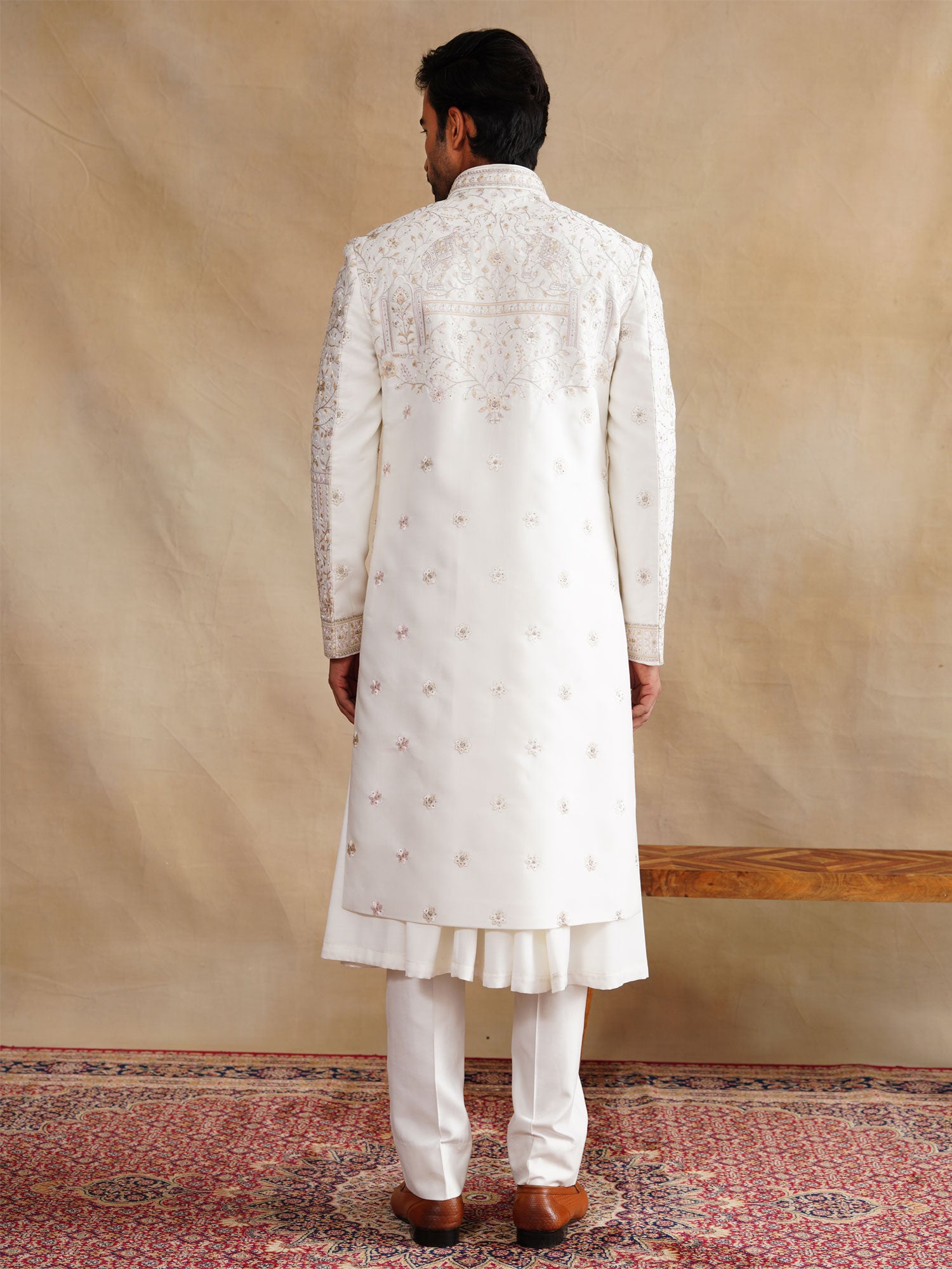 Off White Groom's Wear Sherwani In Anarkali Style