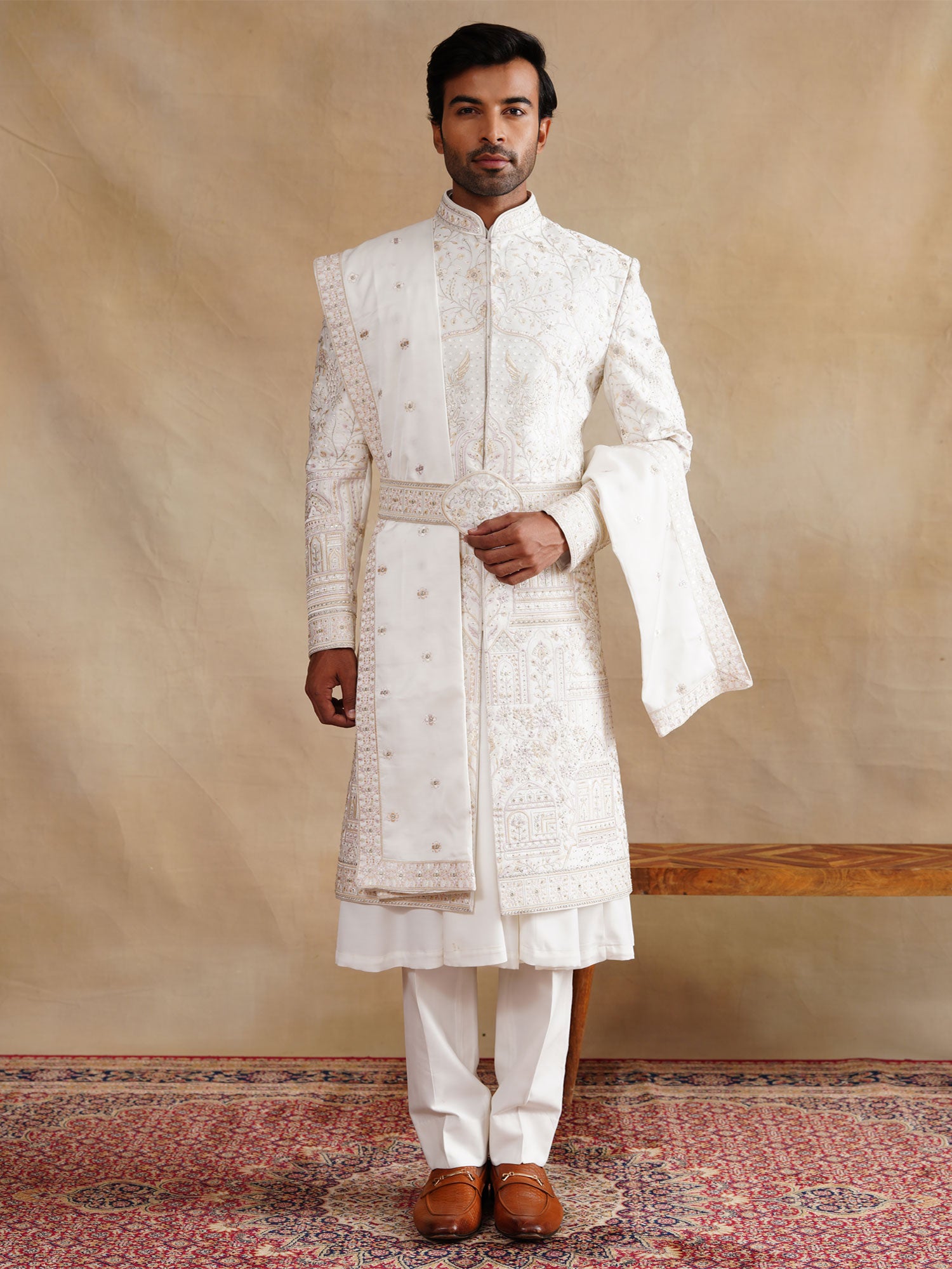 Off White Groom's Wear Sherwani In Anarkali Style
