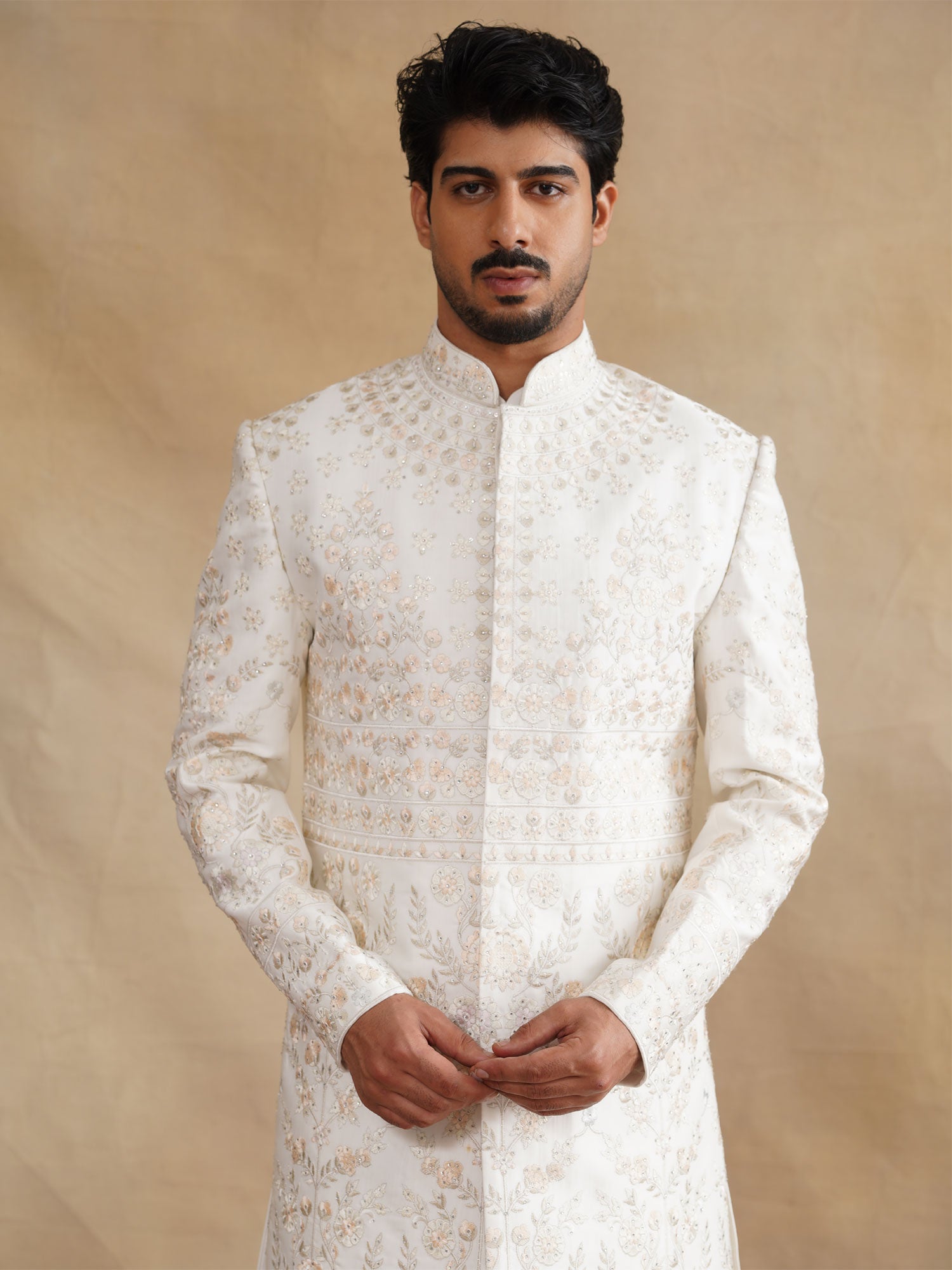 White Stone Work Wedding Sherwani Set With Kurta