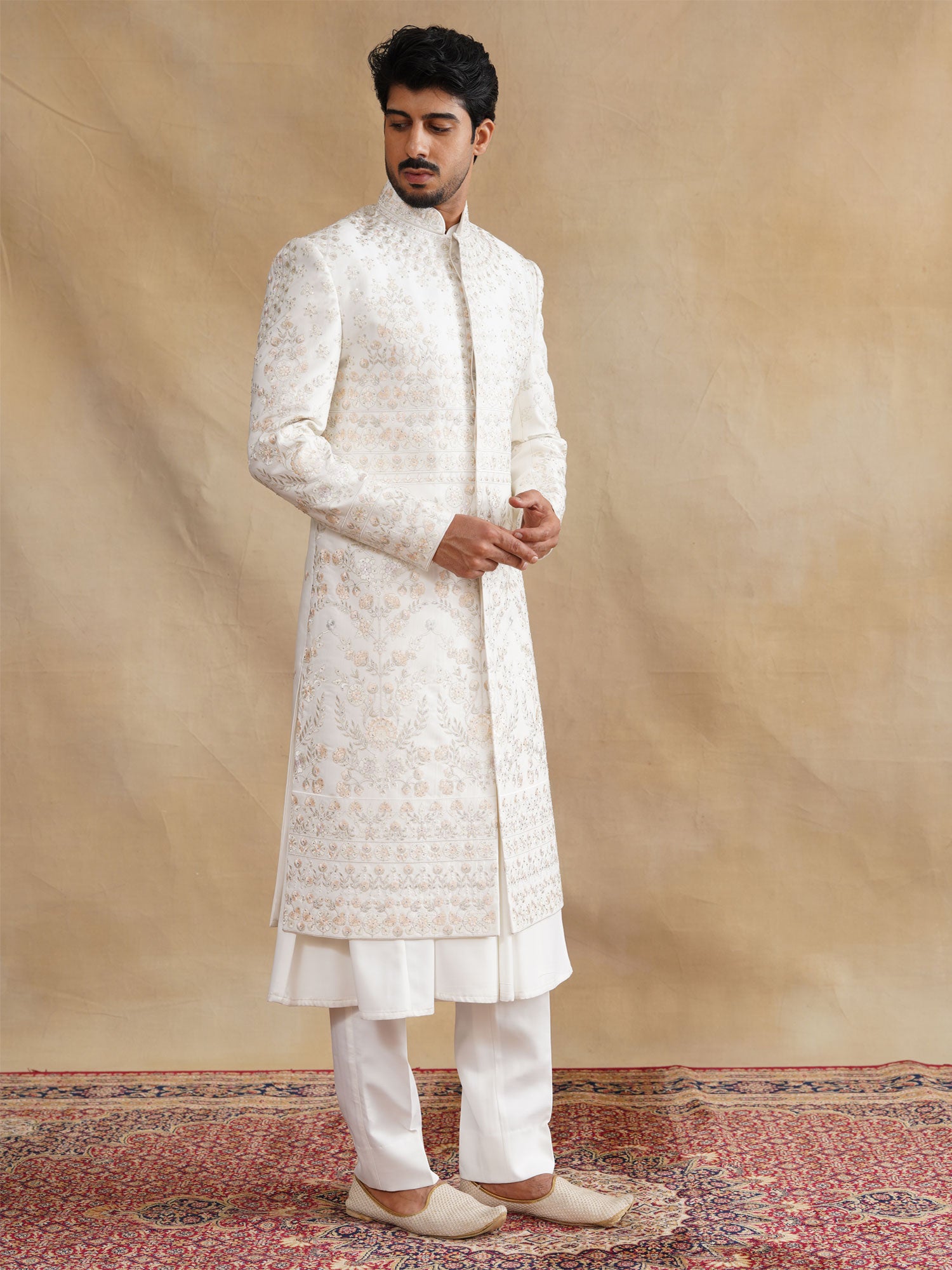 White Stone Work Wedding Sherwani Set With Kurta