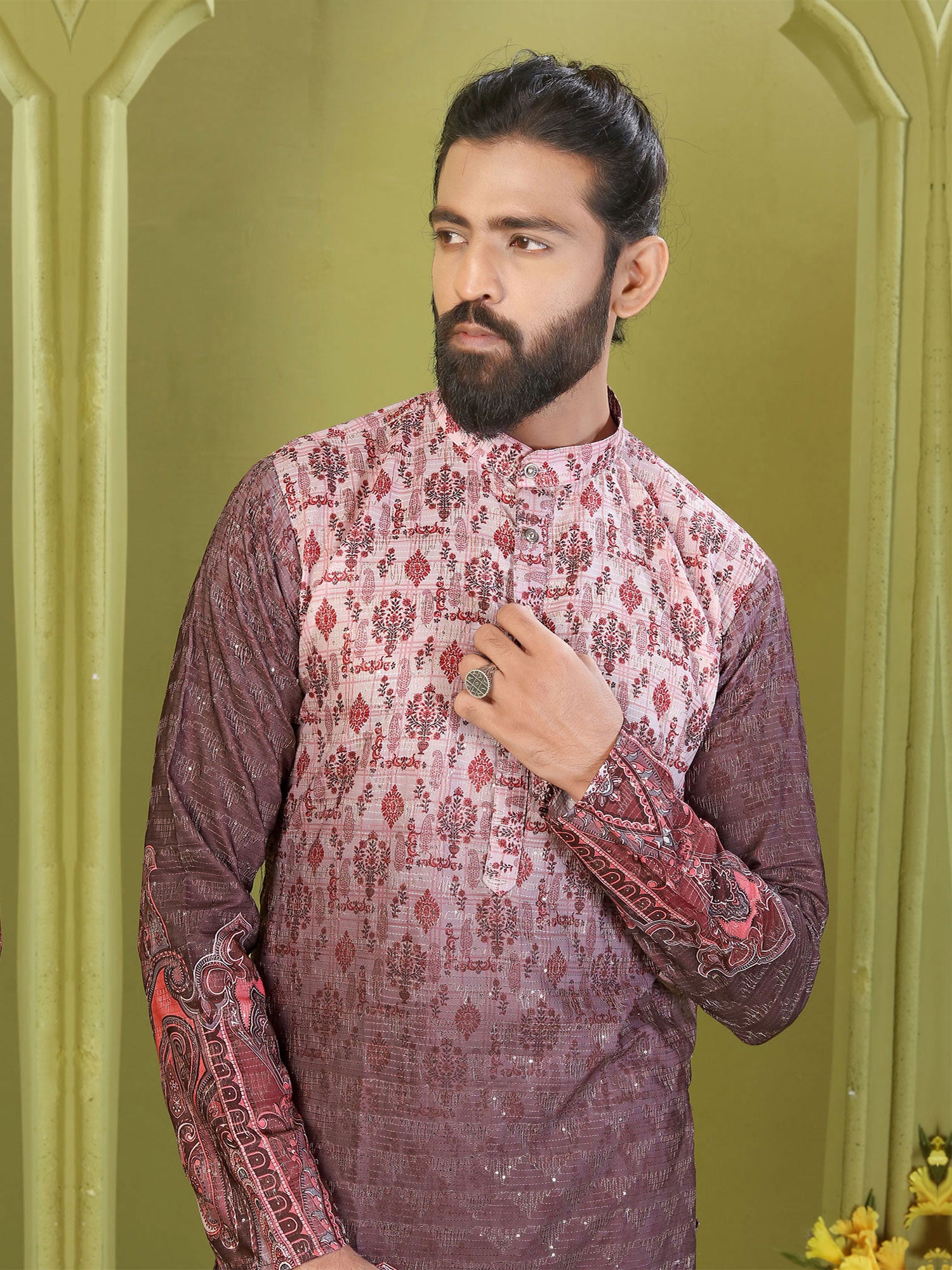 Mauve And Pink Shaded Kurta Pyjama In Cotton