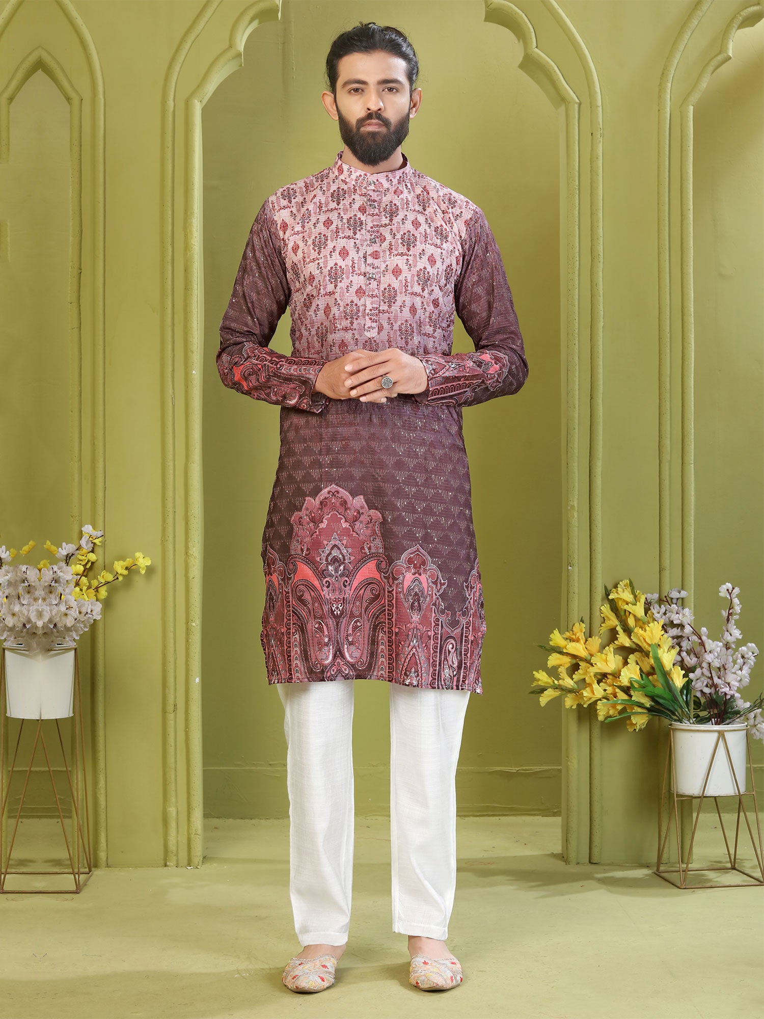 Mauve And Pink Shaded Kurta Pyjama In Cotton