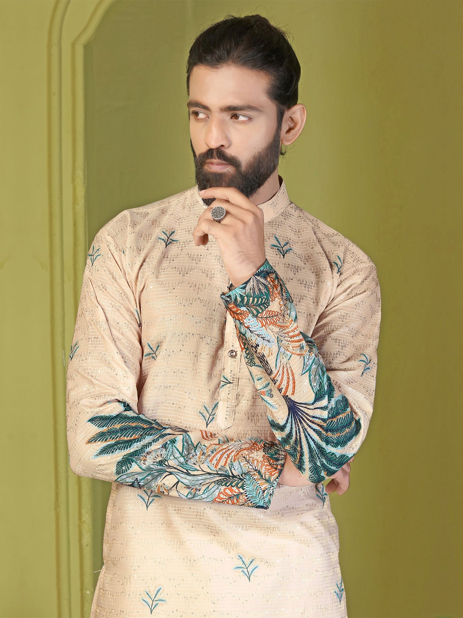Ivory Cream Muslin Men's Kurta Set In Print
