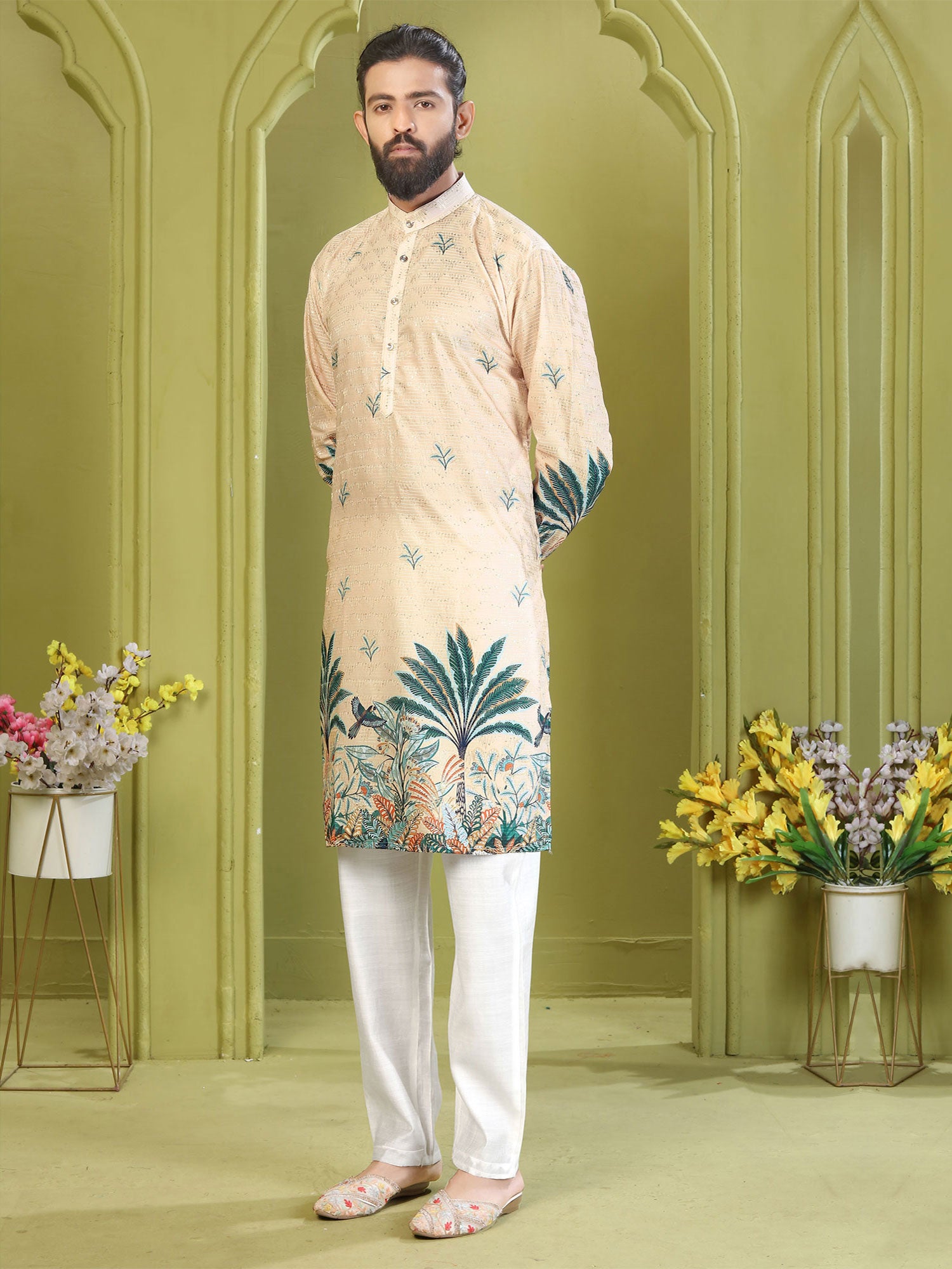Ivory Cream Muslin Men's Kurta Set In Print