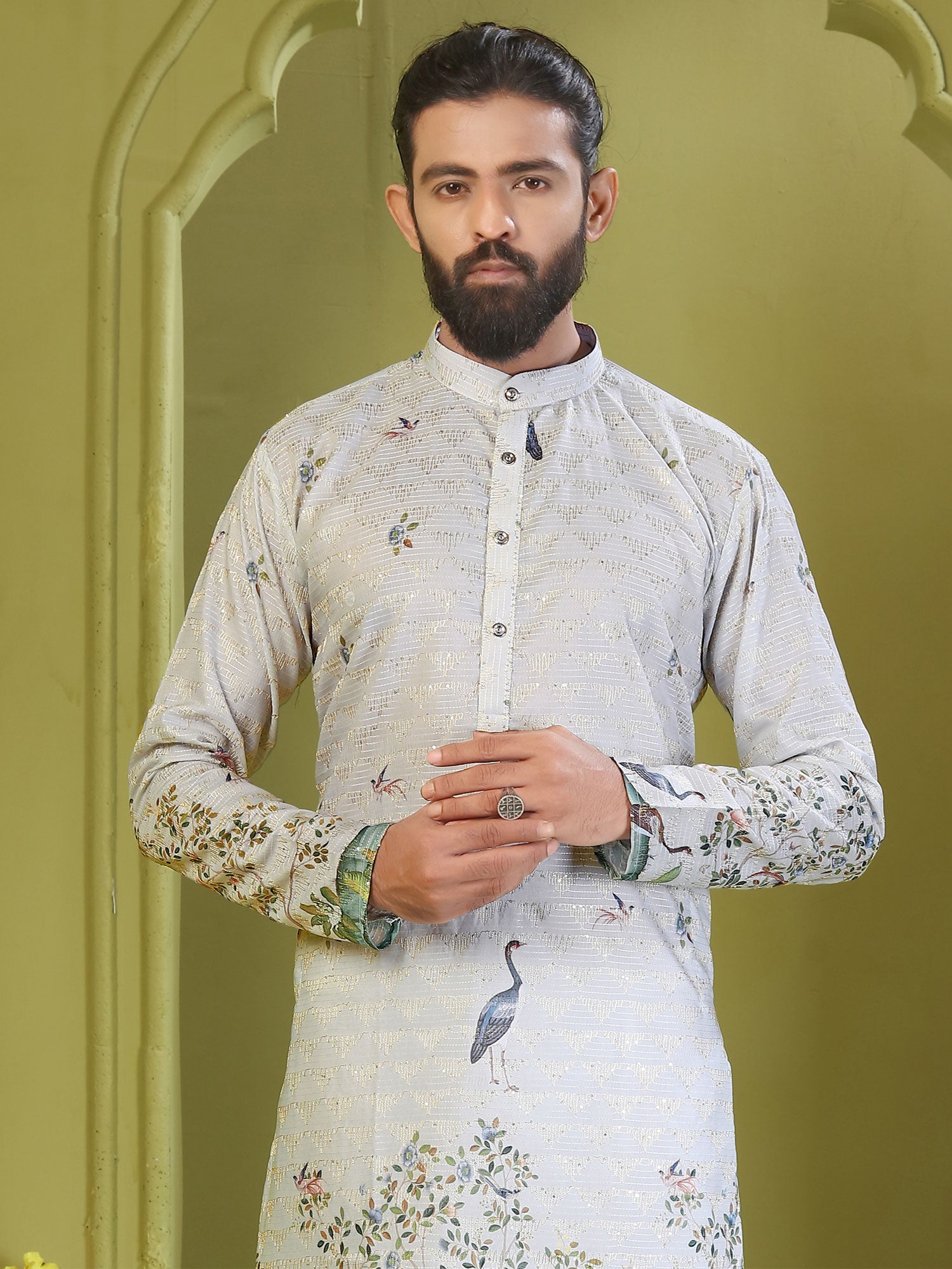 Grey Floral Printed Readymade Kurta Pyjama