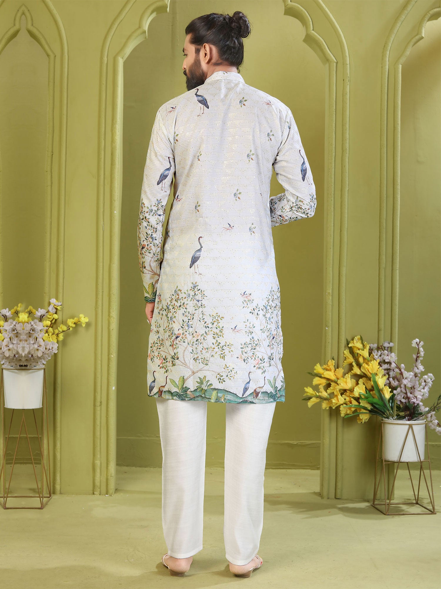 Grey Floral Printed Readymade Kurta Pyjama
