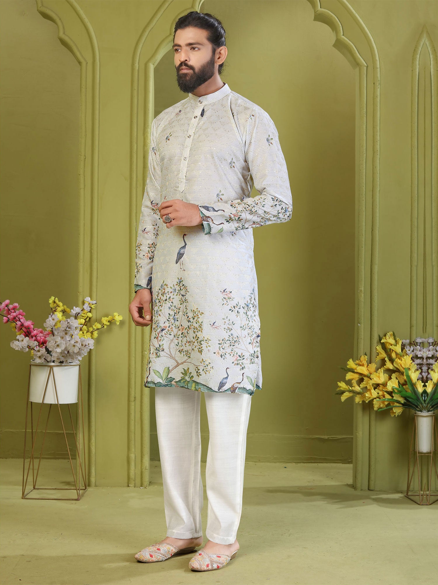 Grey Floral Printed Readymade Kurta Pyjama