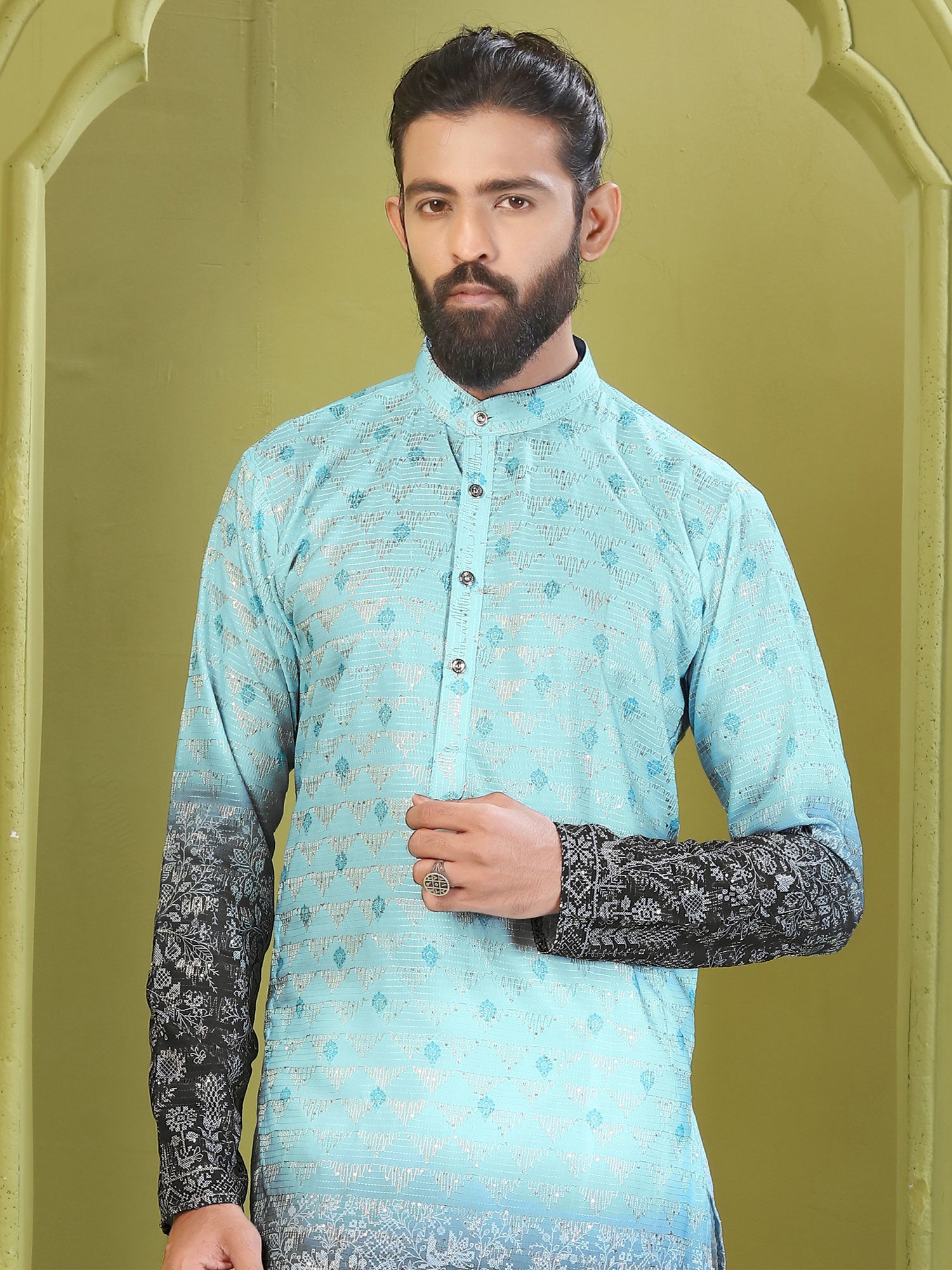 Blue And Black Ombre Shaded Men's Kurta Set