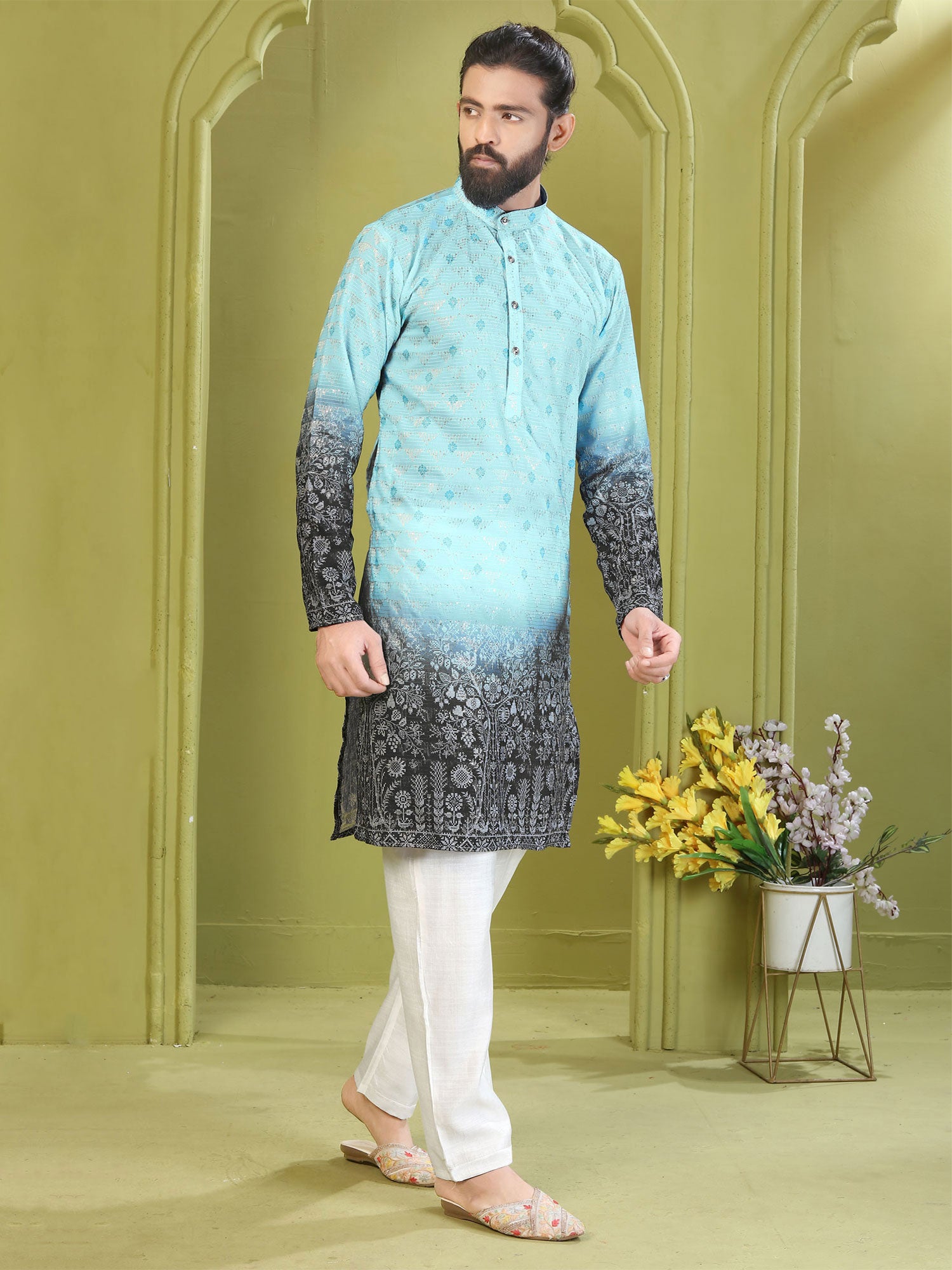 Blue And Black Ombre Shaded Men's Kurta Set