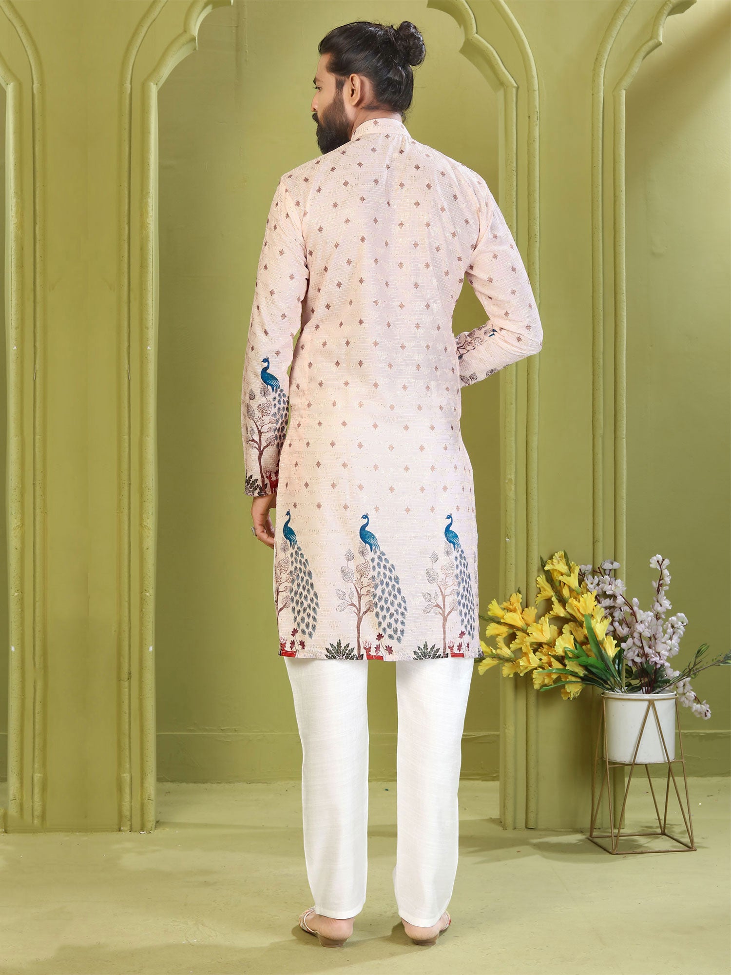 Peach Festive Cotton Kurta Pyjama For Mens