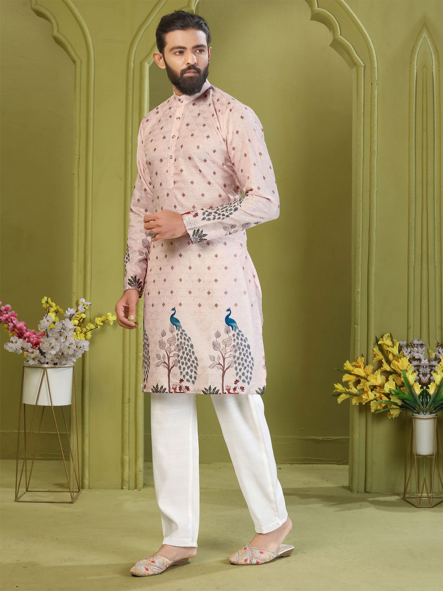 Peach Festive Cotton Kurta Pyjama For Mens
