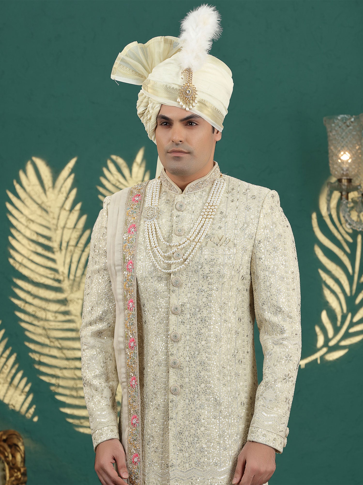 Beige Heavy Sequins Embroidered Sherwani Set