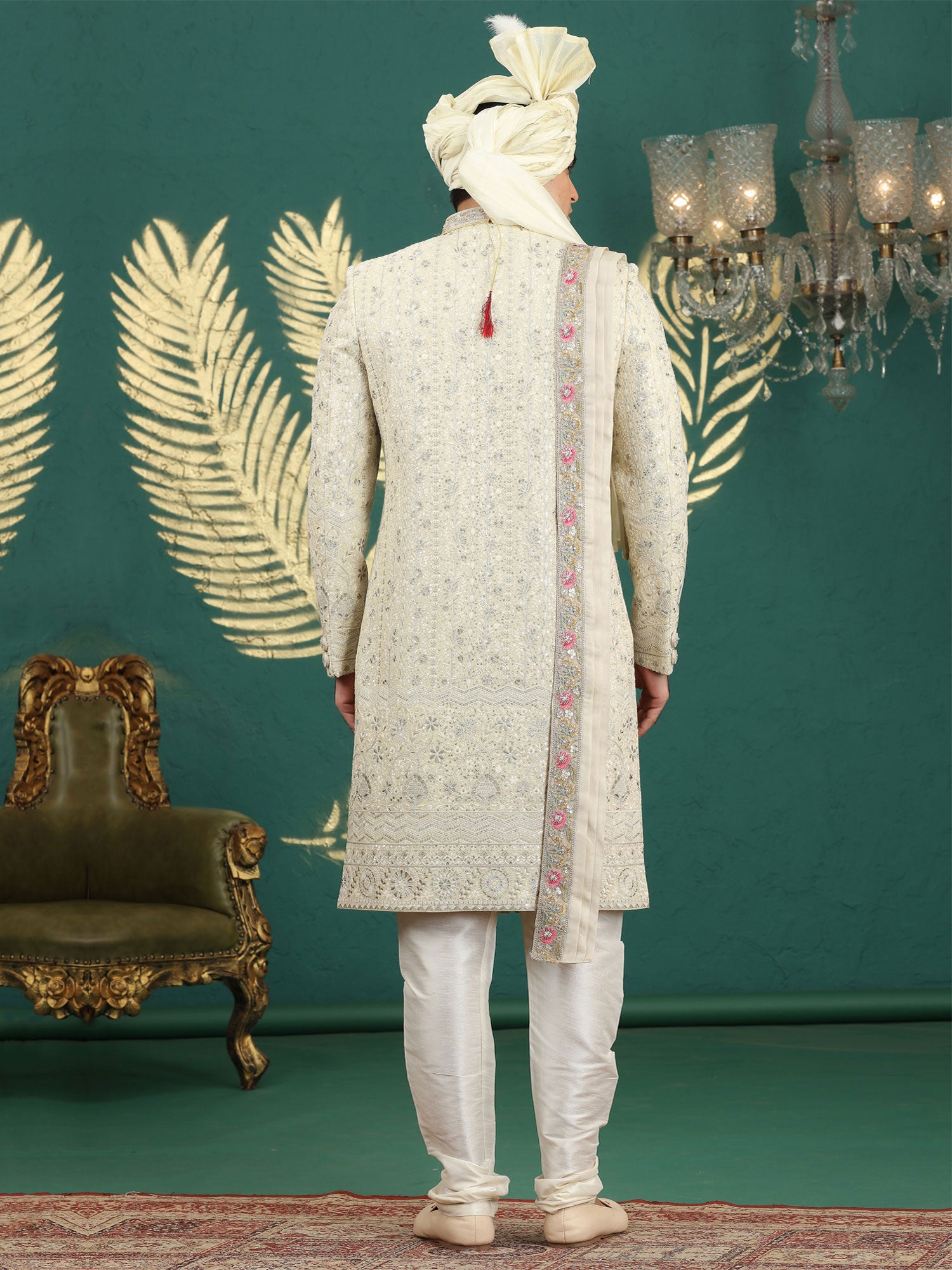Beige Heavy Sequins Embroidered Sherwani Set