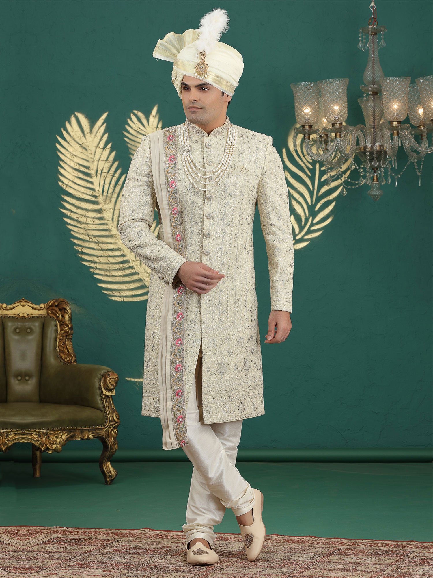 Beige Heavy Sequins Embroidered Sherwani Set