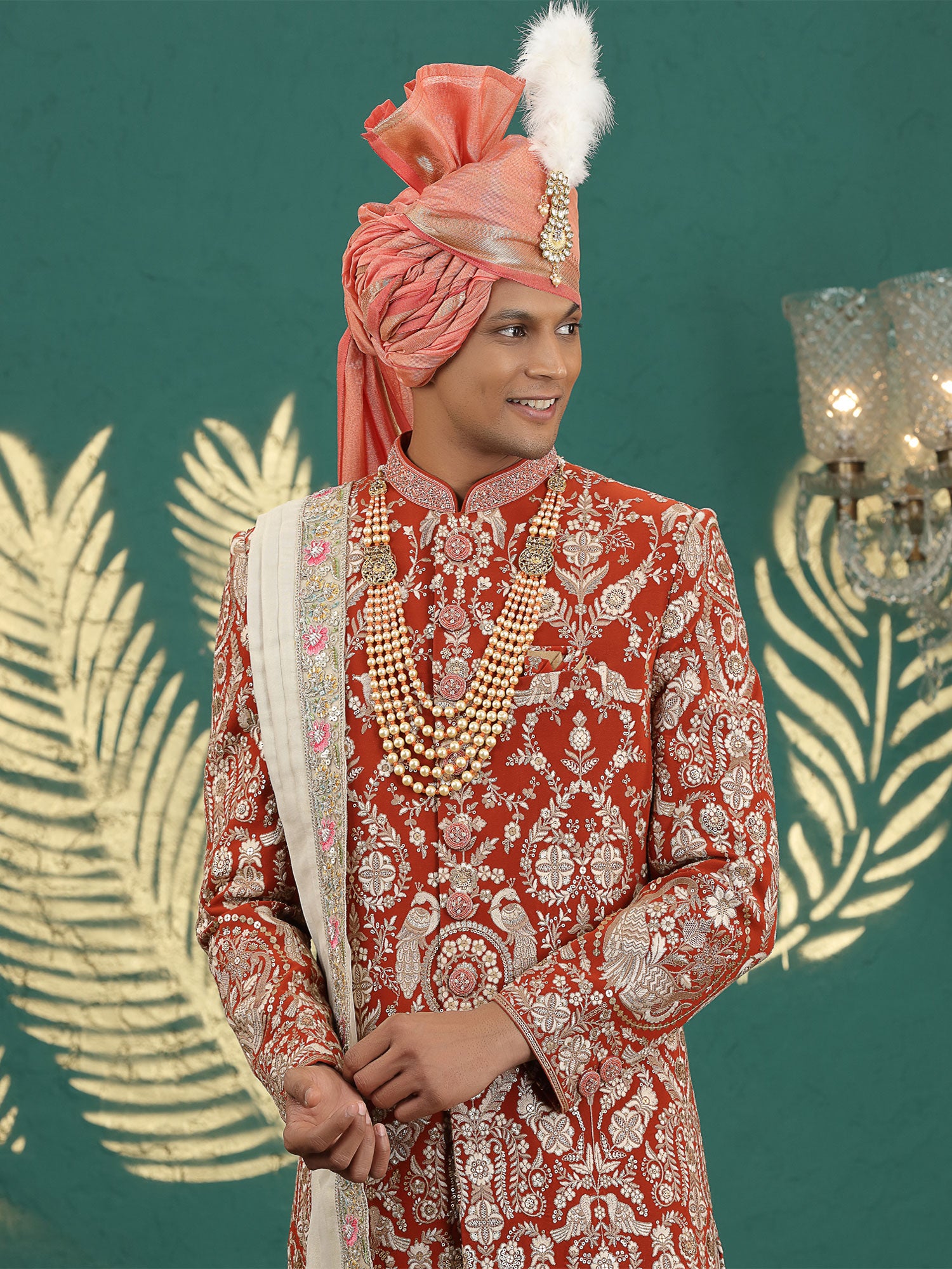 Red Floral Embellished Men's Sherwani With Stole
