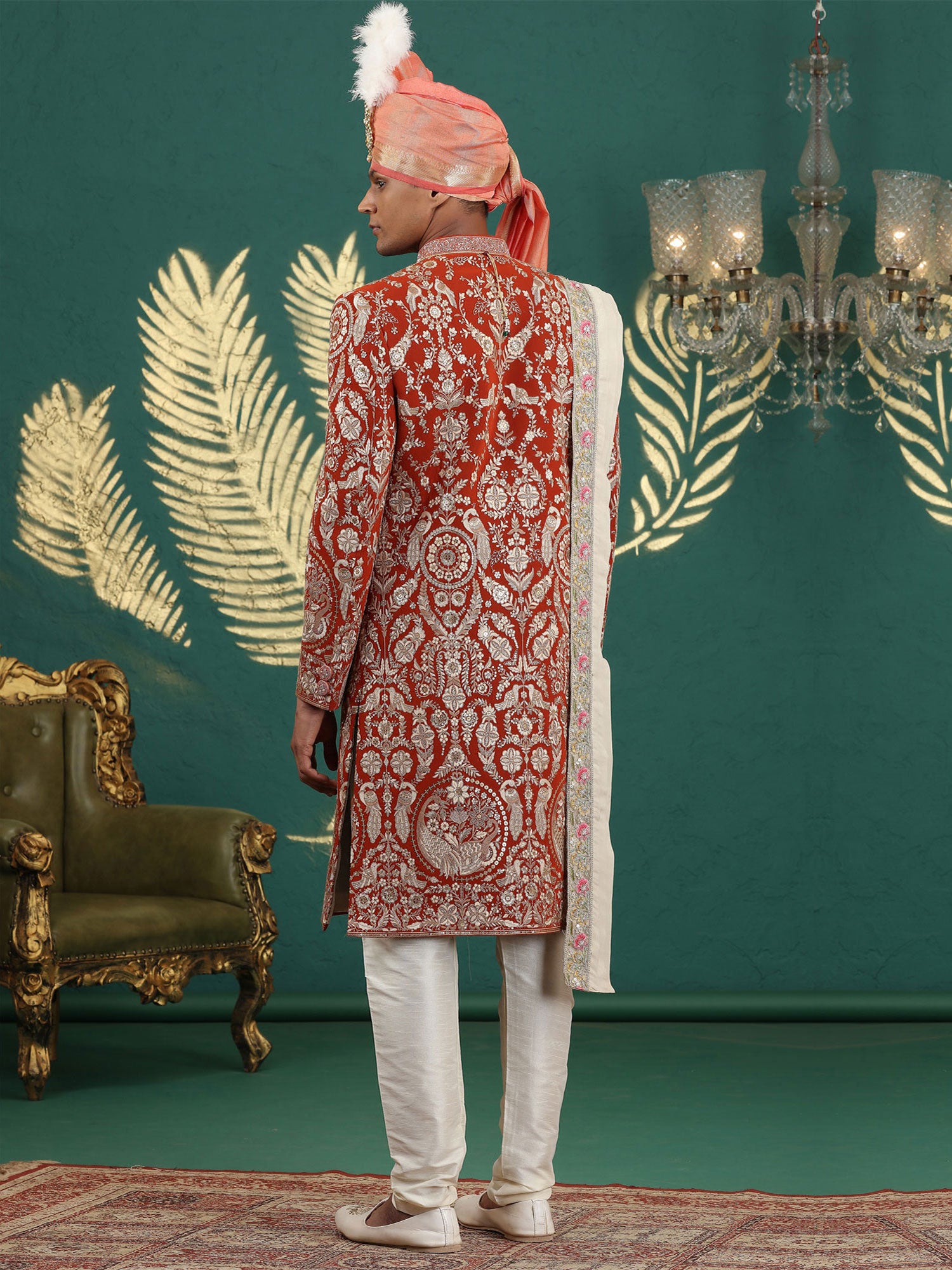 Red Floral Embellished Men's Sherwani With Stole