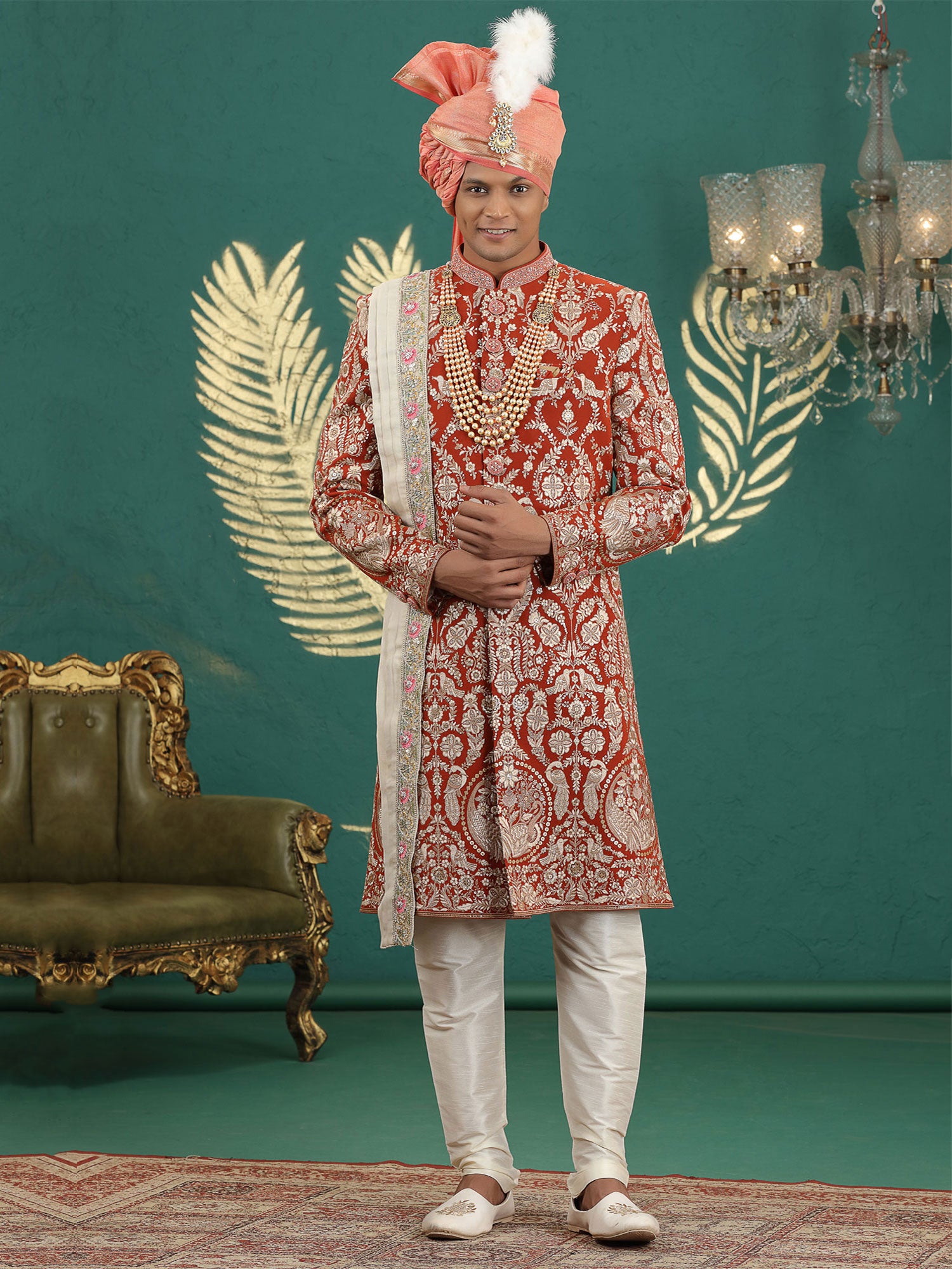 Red Floral Embellished Men's Sherwani With Stole