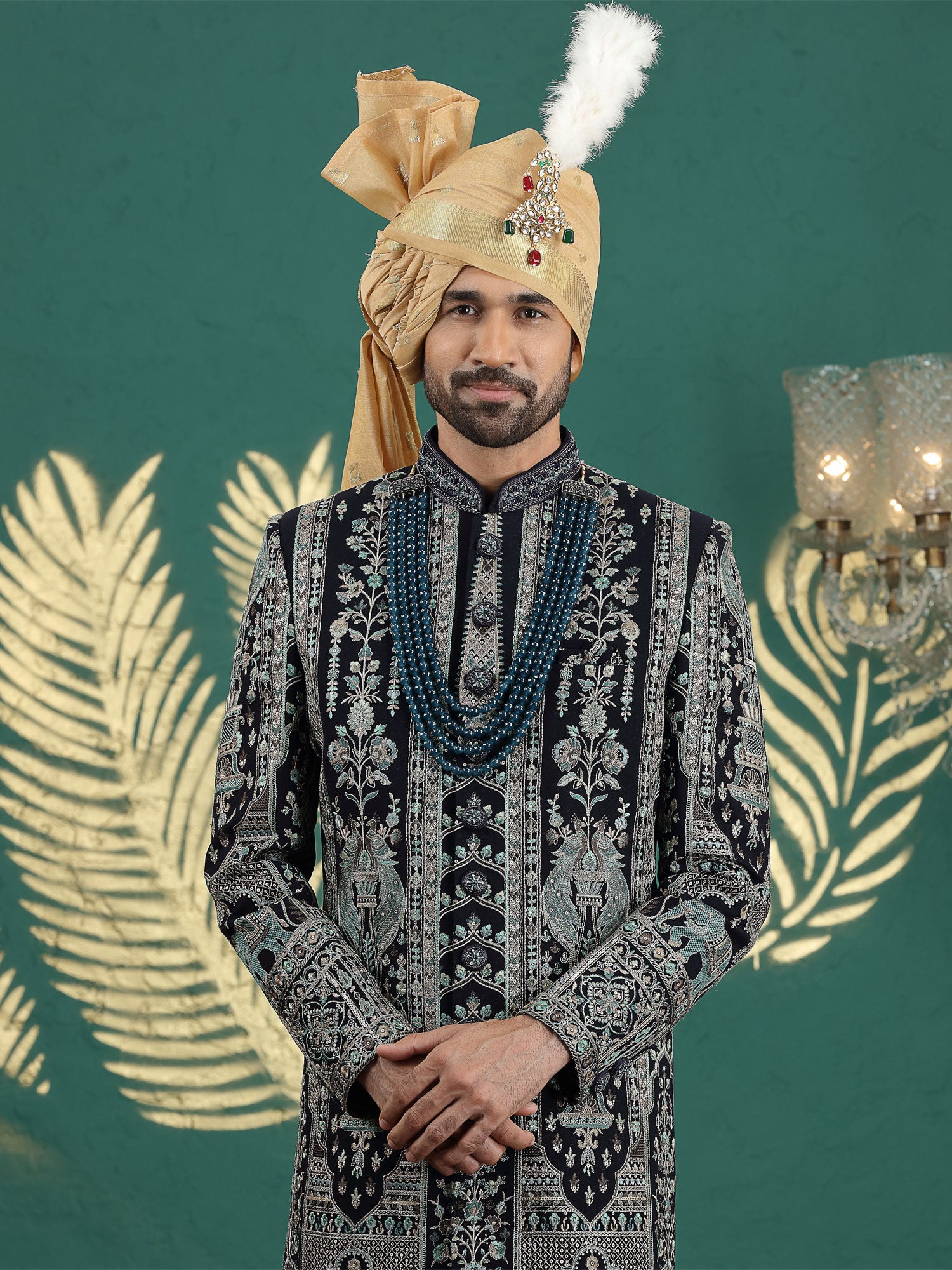 Navy Blue Art Silk Sherwani In Floral Embellishments