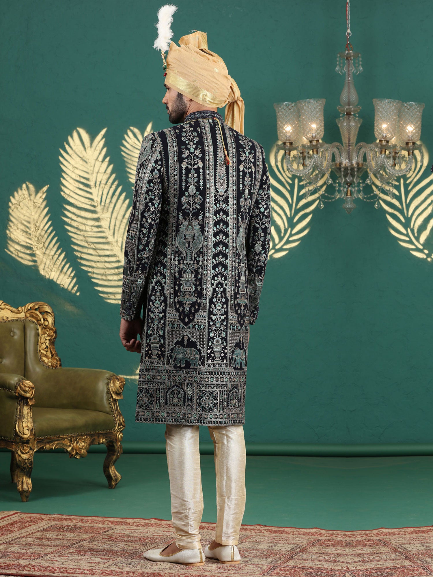 Navy Blue Art Silk Sherwani In Floral Embellishments