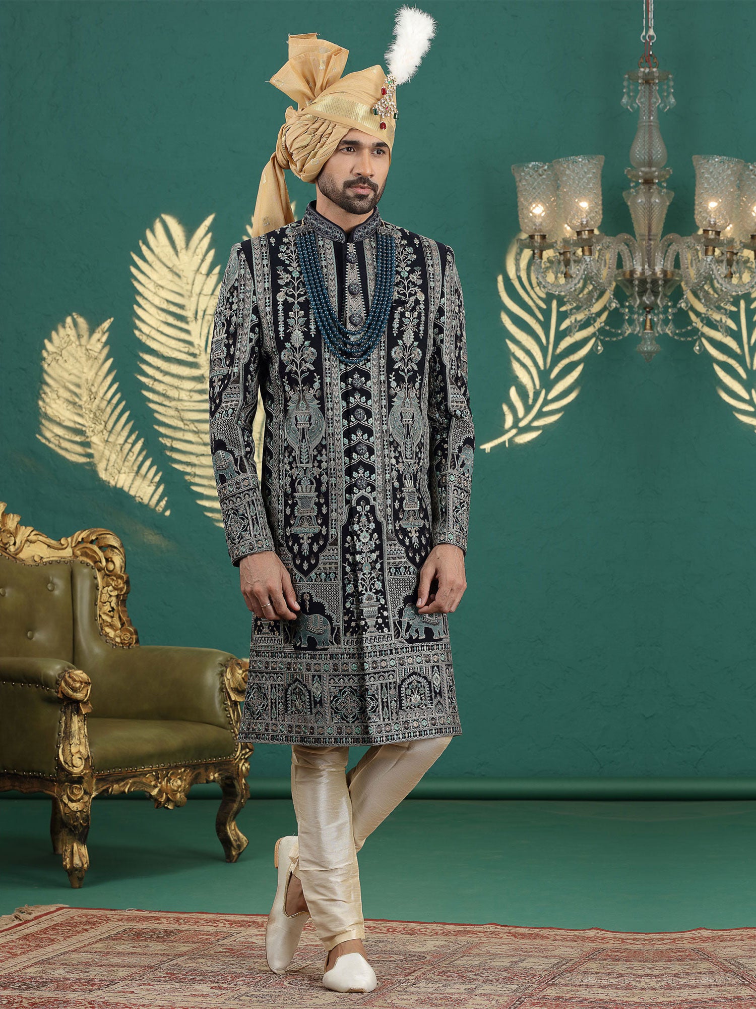 Navy Blue Art Silk Sherwani In Floral Embellishments