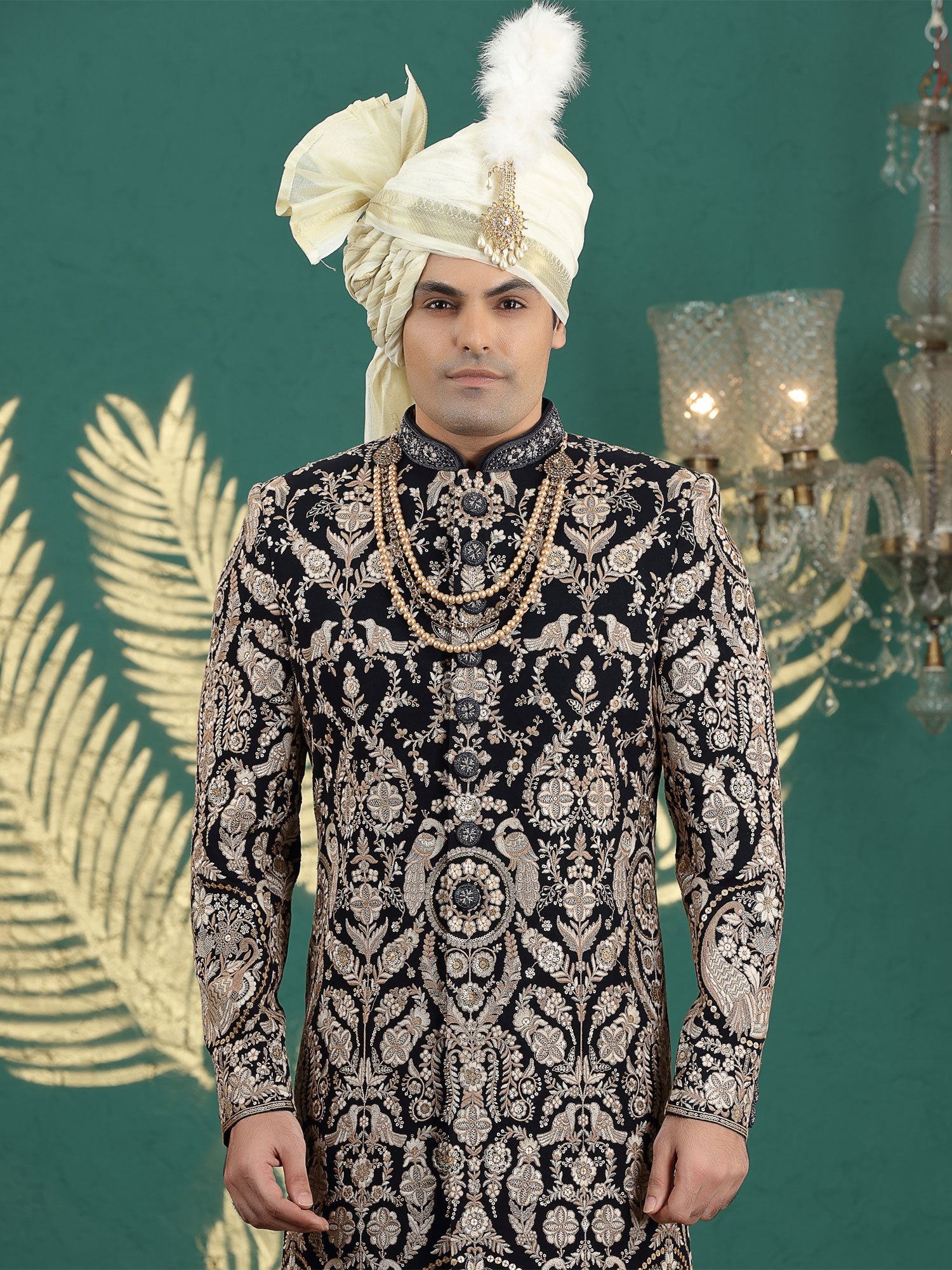 Black Floral Embroidered Wedding Sherwani For Mens