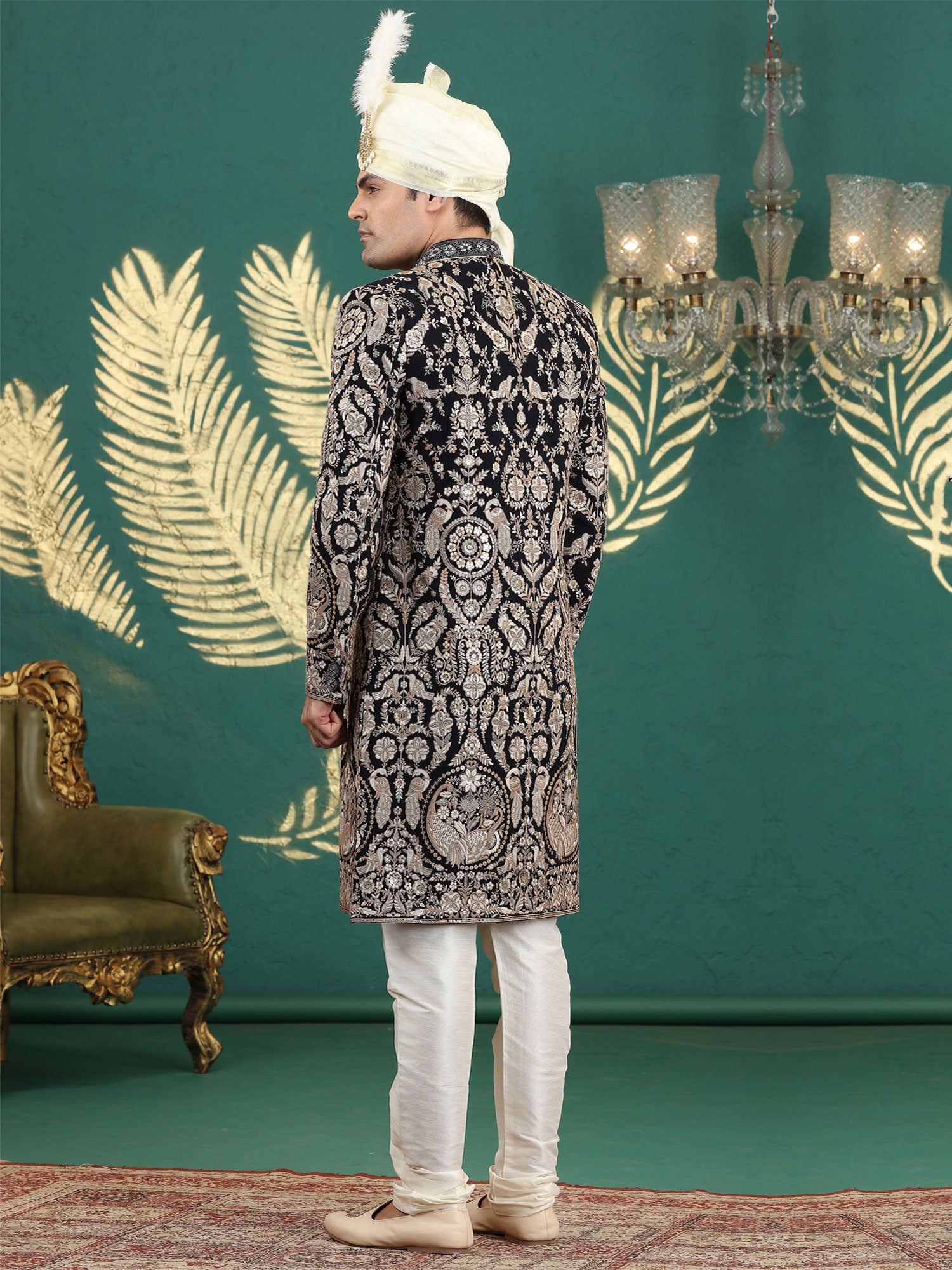 Black Floral Embroidered Wedding Sherwani For Mens