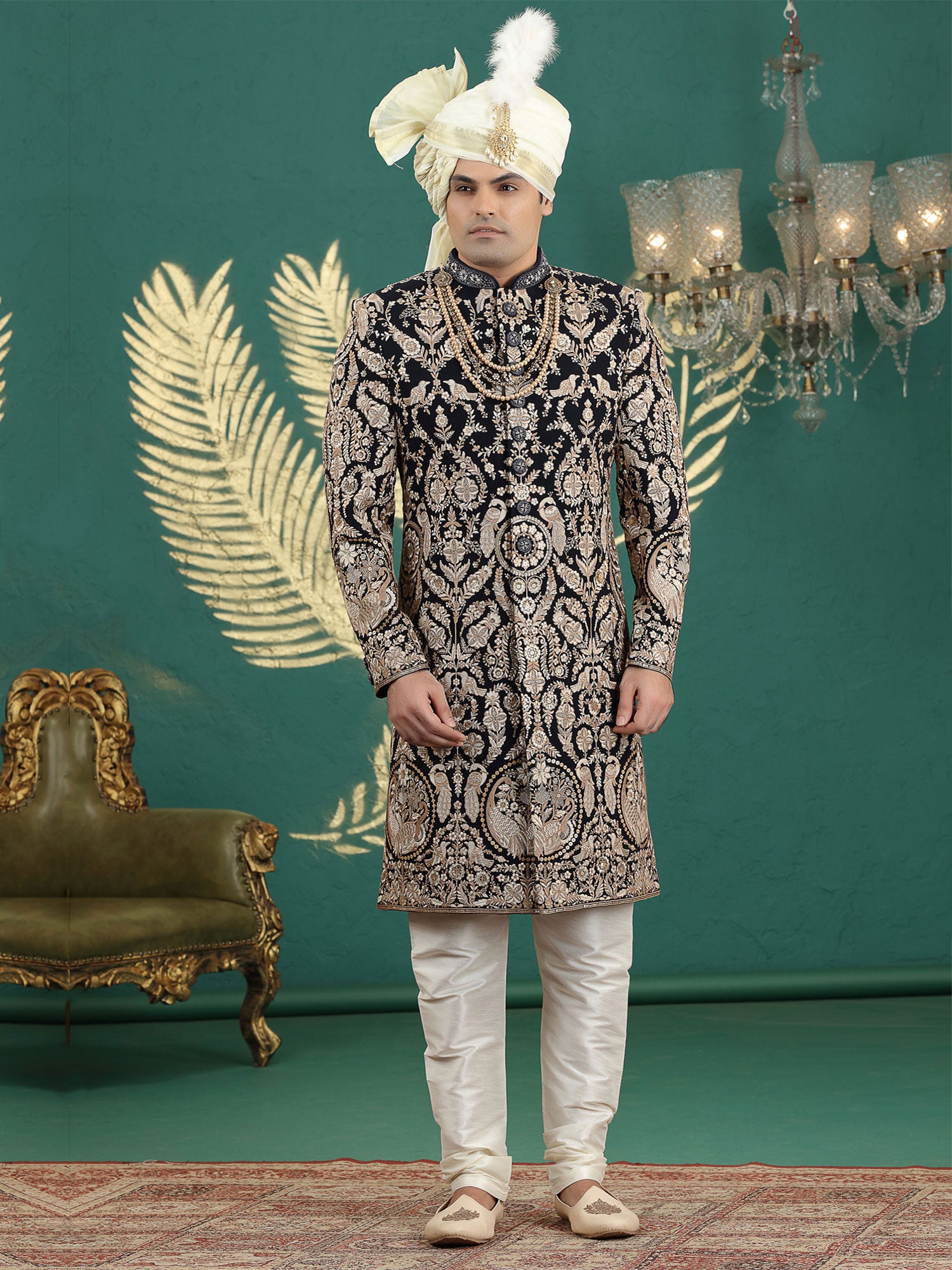 Black Floral Embroidered Wedding Sherwani For Mens
