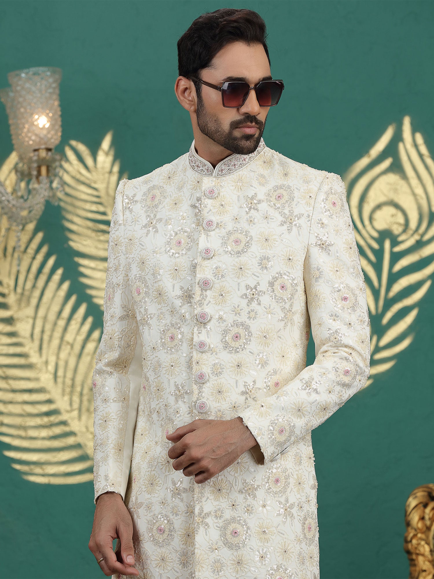 Off White Art Silk Wedding Sherwani Set For Mens