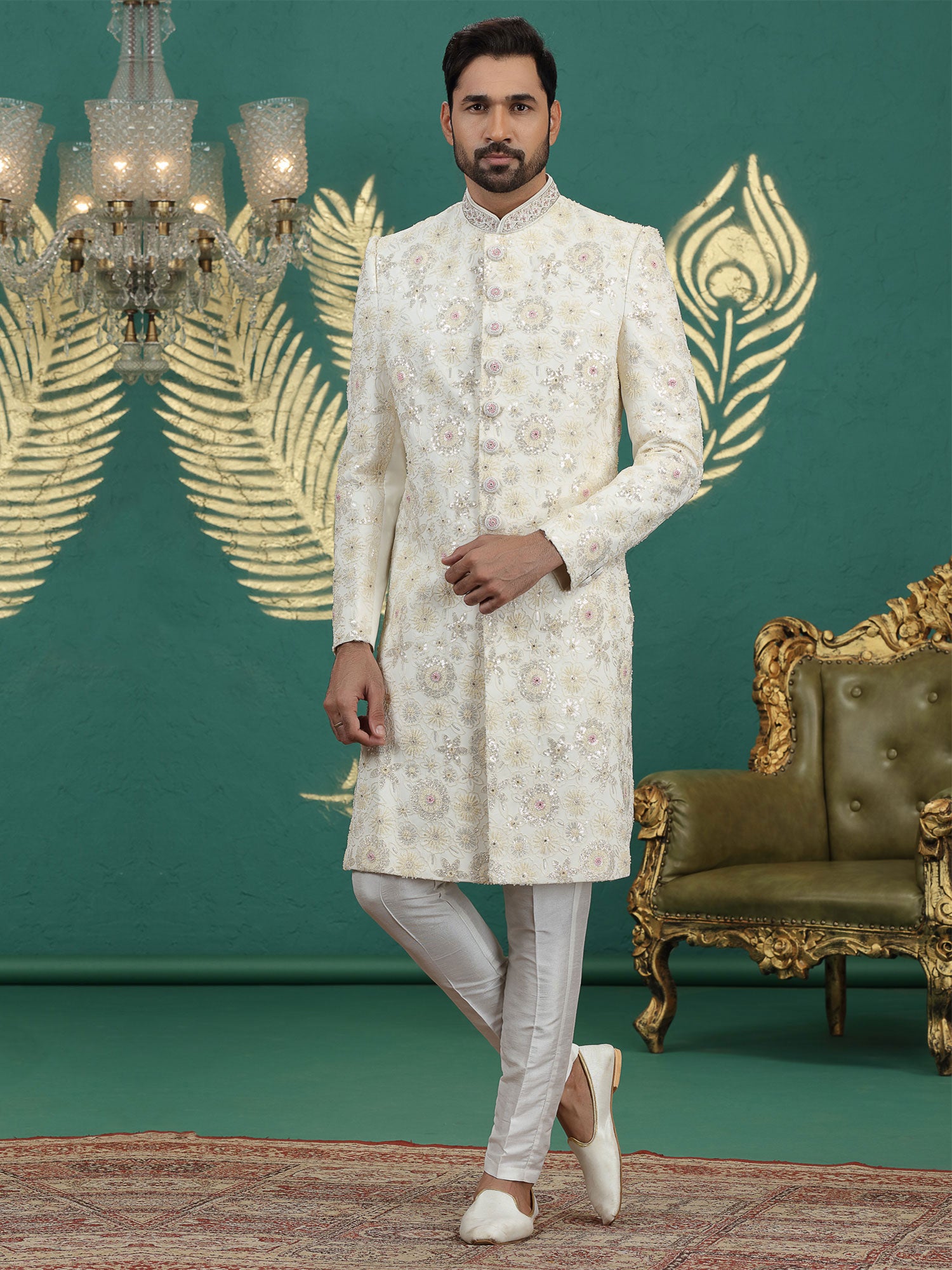 Off White Art Silk Wedding Sherwani Set For Mens