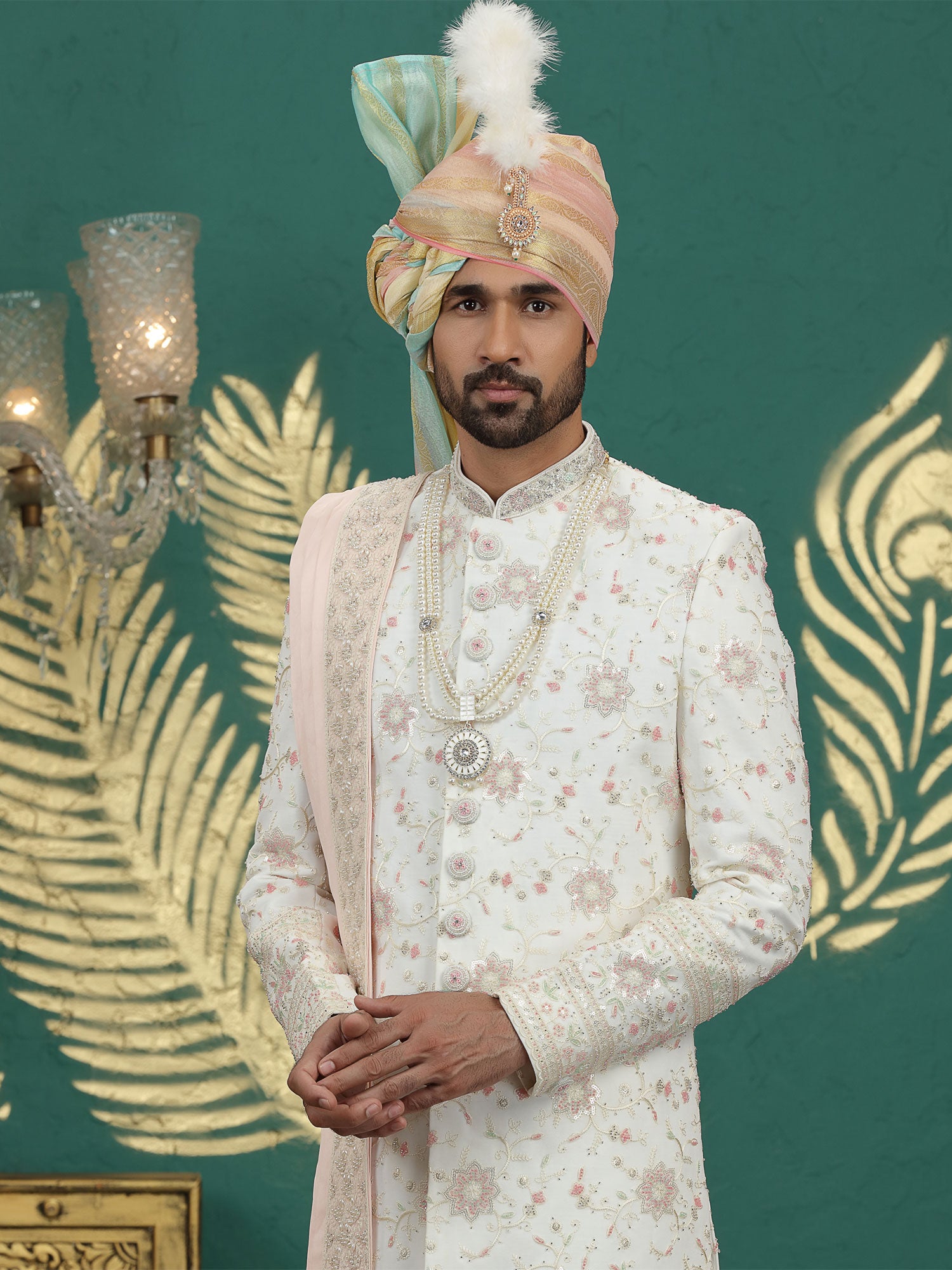 White Floral Sequins Augmented Silk Sherwani