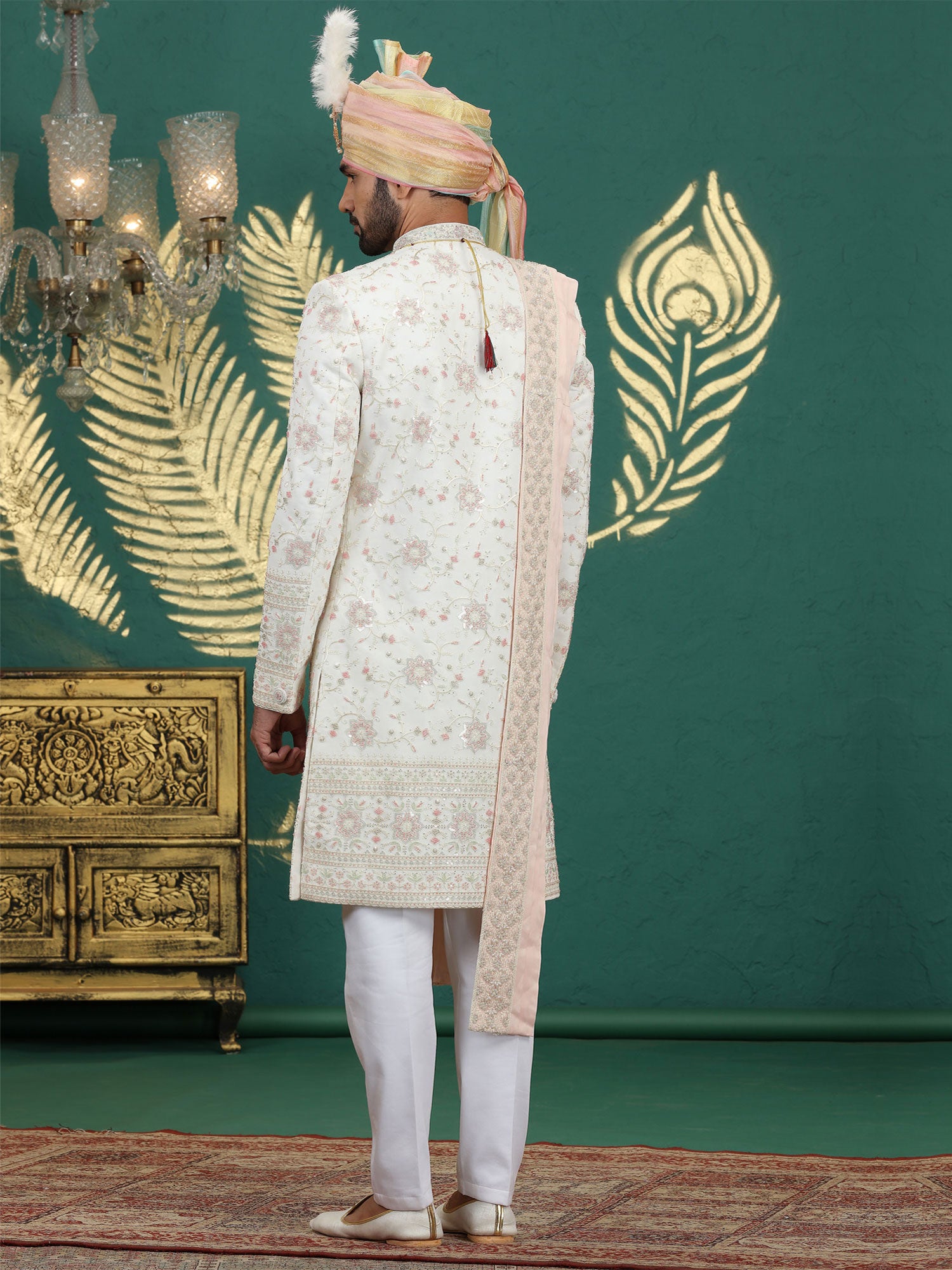 White Floral Sequins Augmented Silk Sherwani