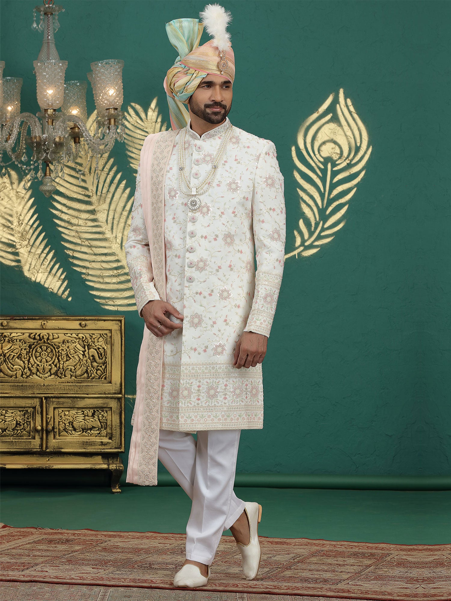 White Floral Sequins Augmented Silk Sherwani