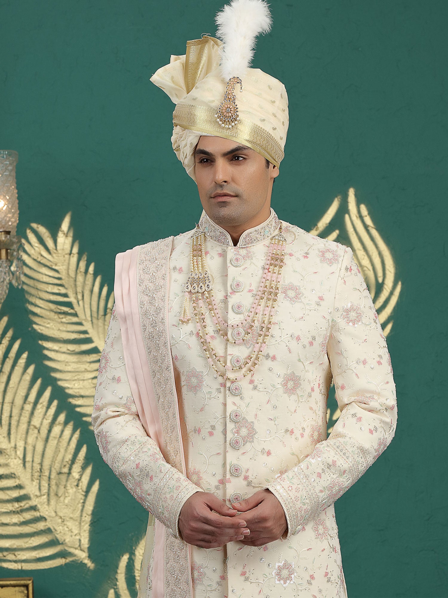 Cream Embroidered Sherwani In Silk With Stole