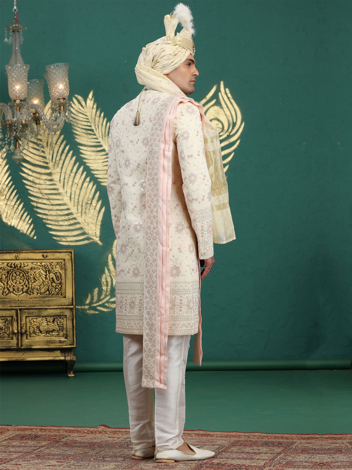 Cream Embroidered Sherwani In Silk With Stole