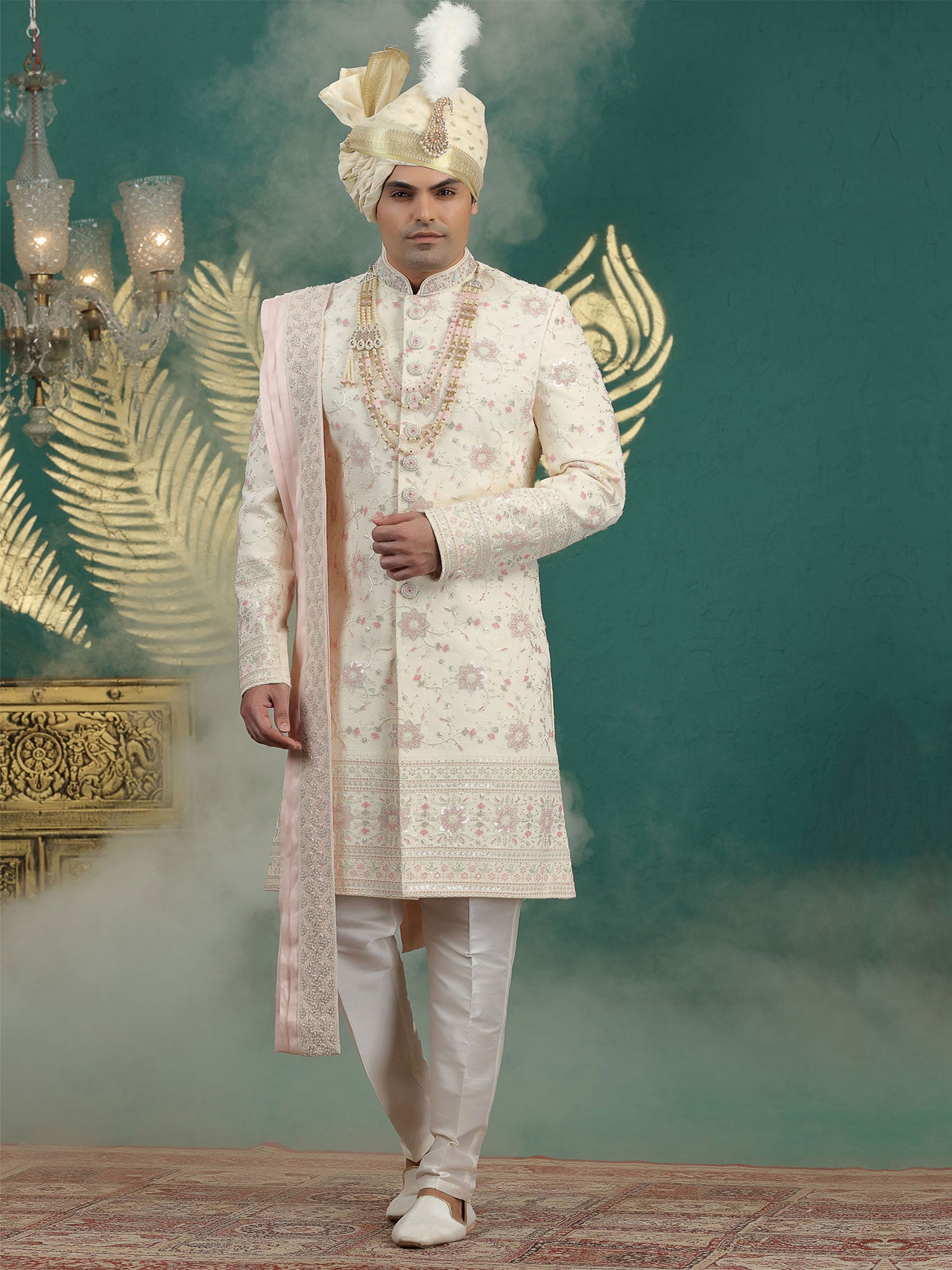 Cream Embroidered Sherwani In Silk With Stole