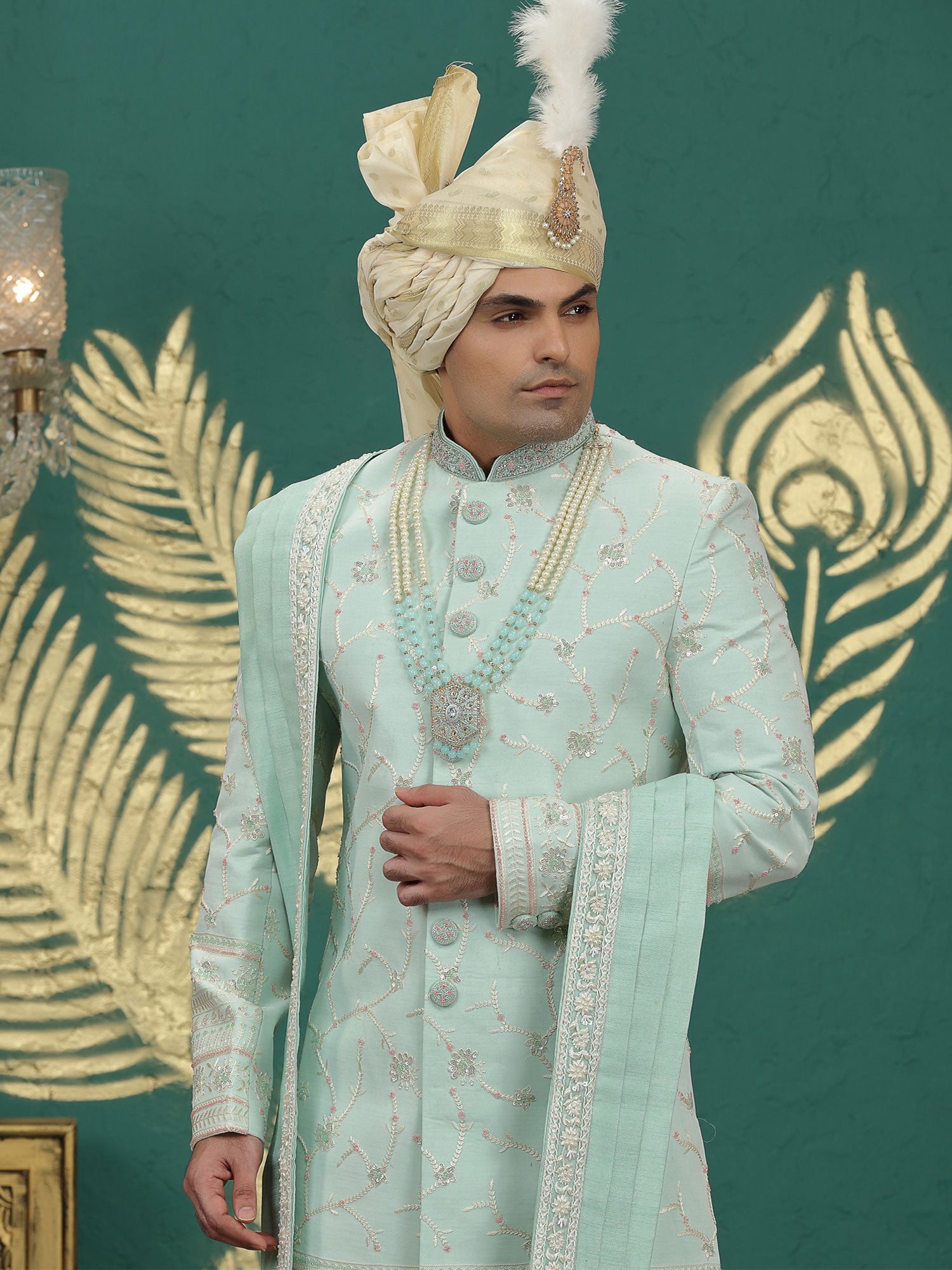 Mint Green Wedding Sherwani With Stole For Mens