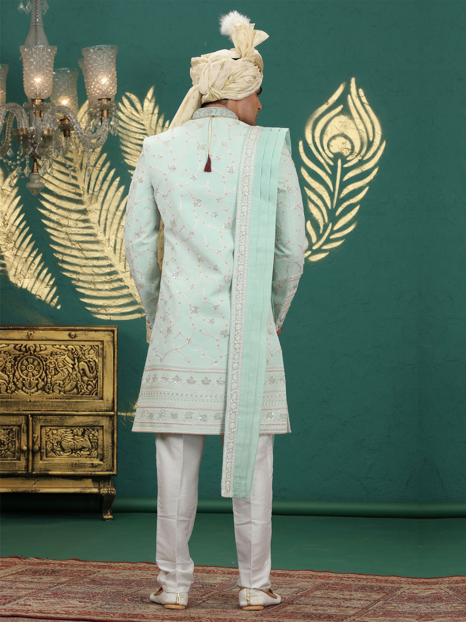 Mint Green Wedding Sherwani With Stole For Mens