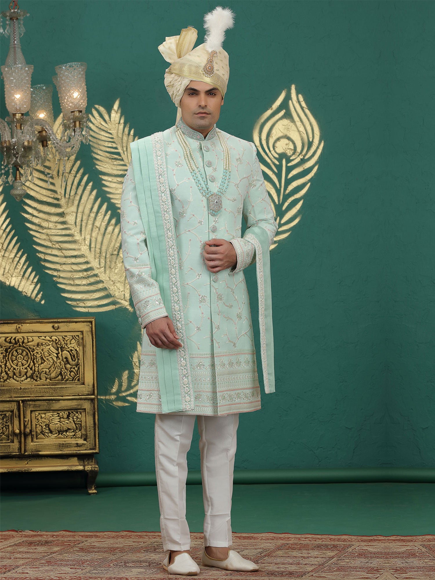 Mint Green Wedding Sherwani With Stole For Mens