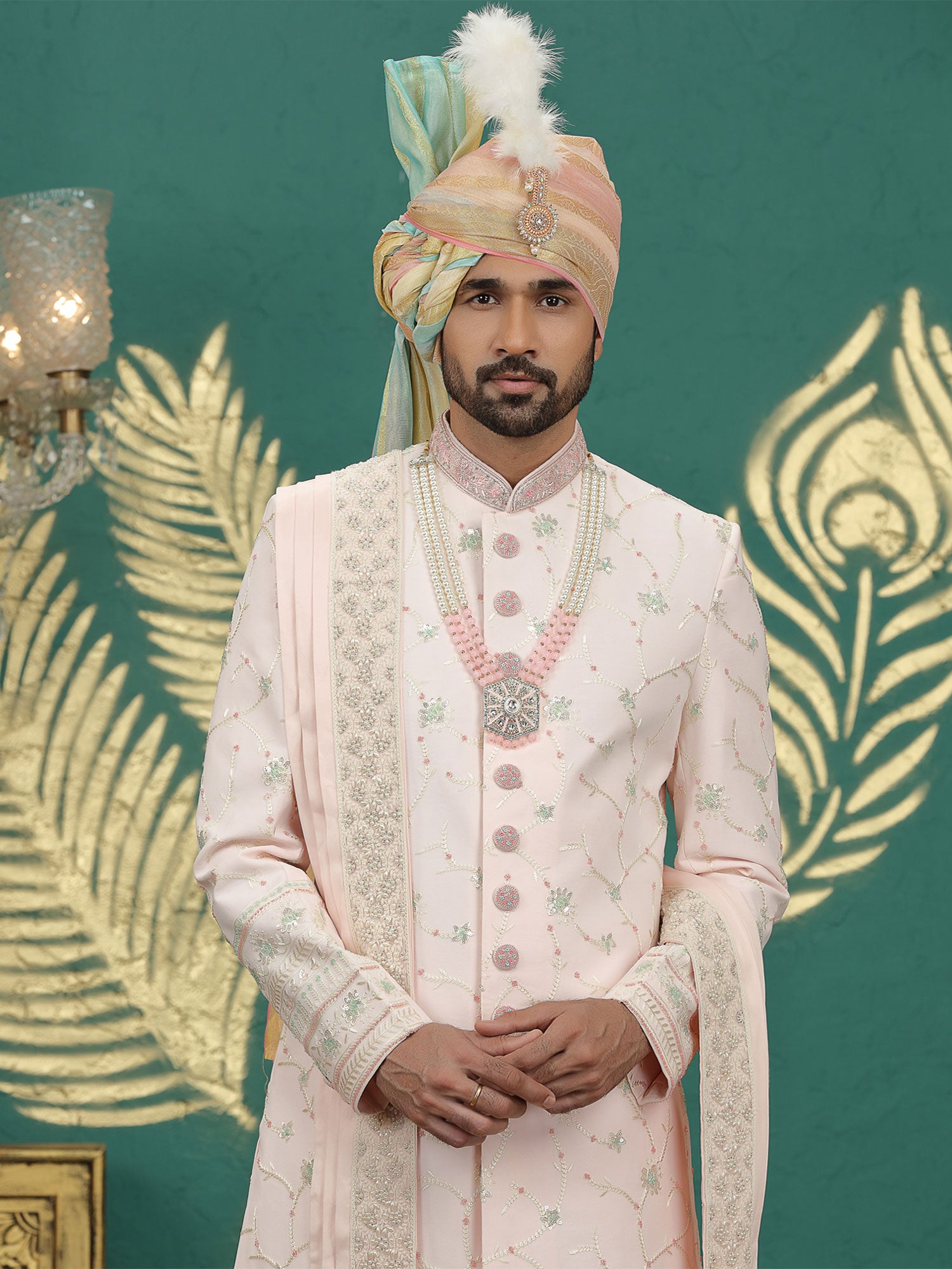 Pink Embroidered Sherwani In Art Silk With Stole
