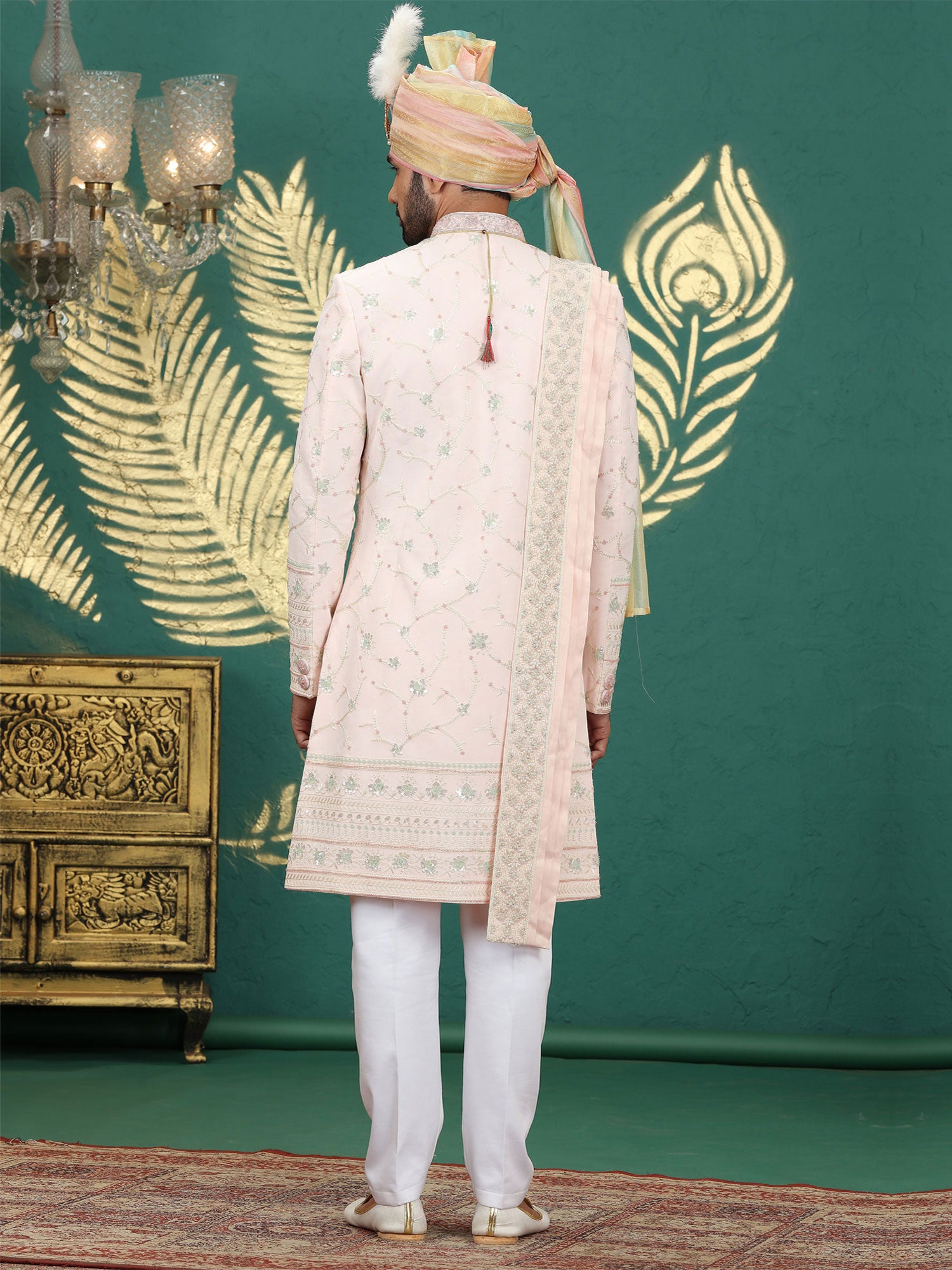 Pink Embroidered Sherwani In Art Silk With Stole
