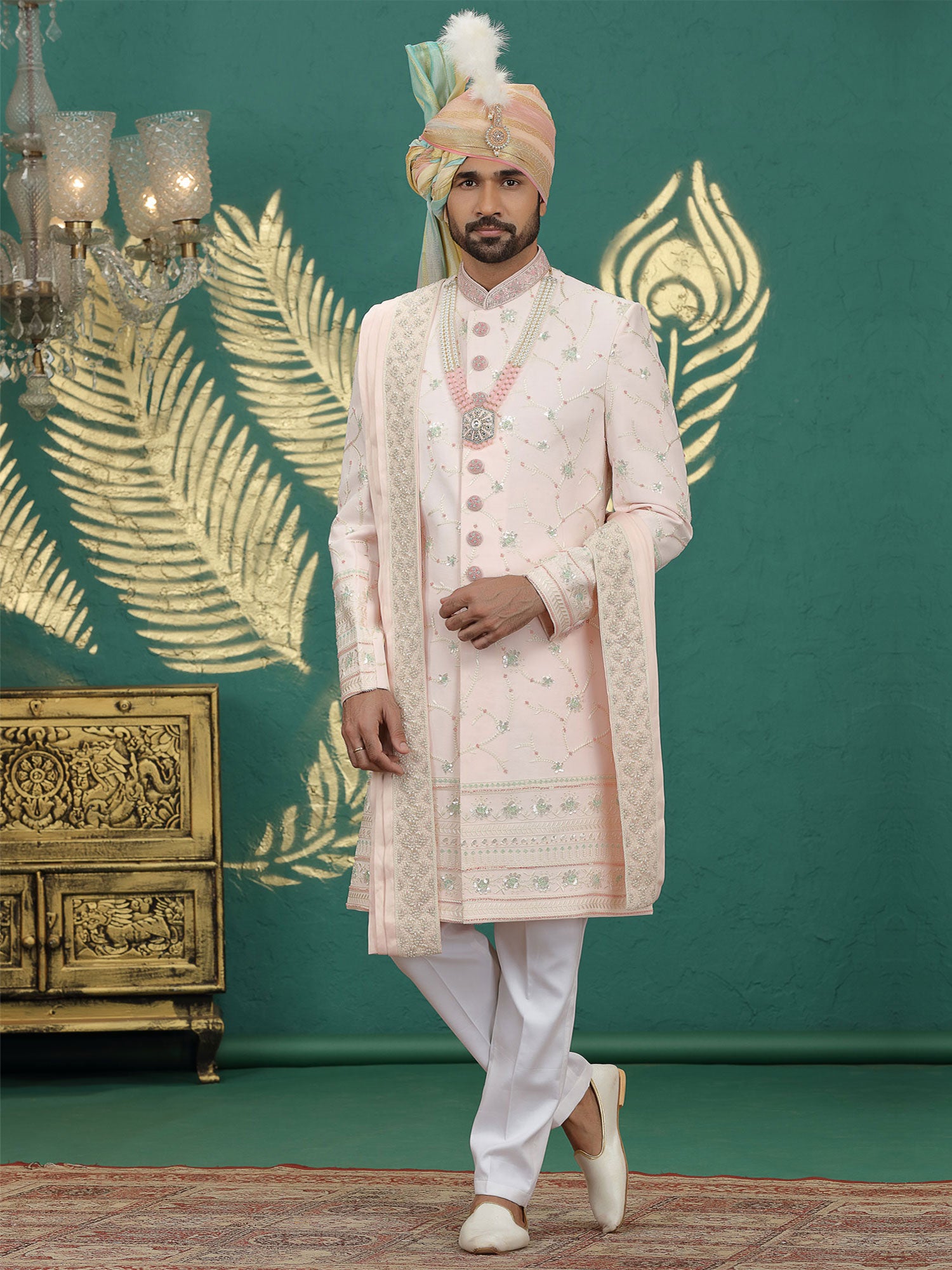 Pink Embroidered Sherwani In Art Silk With Stole