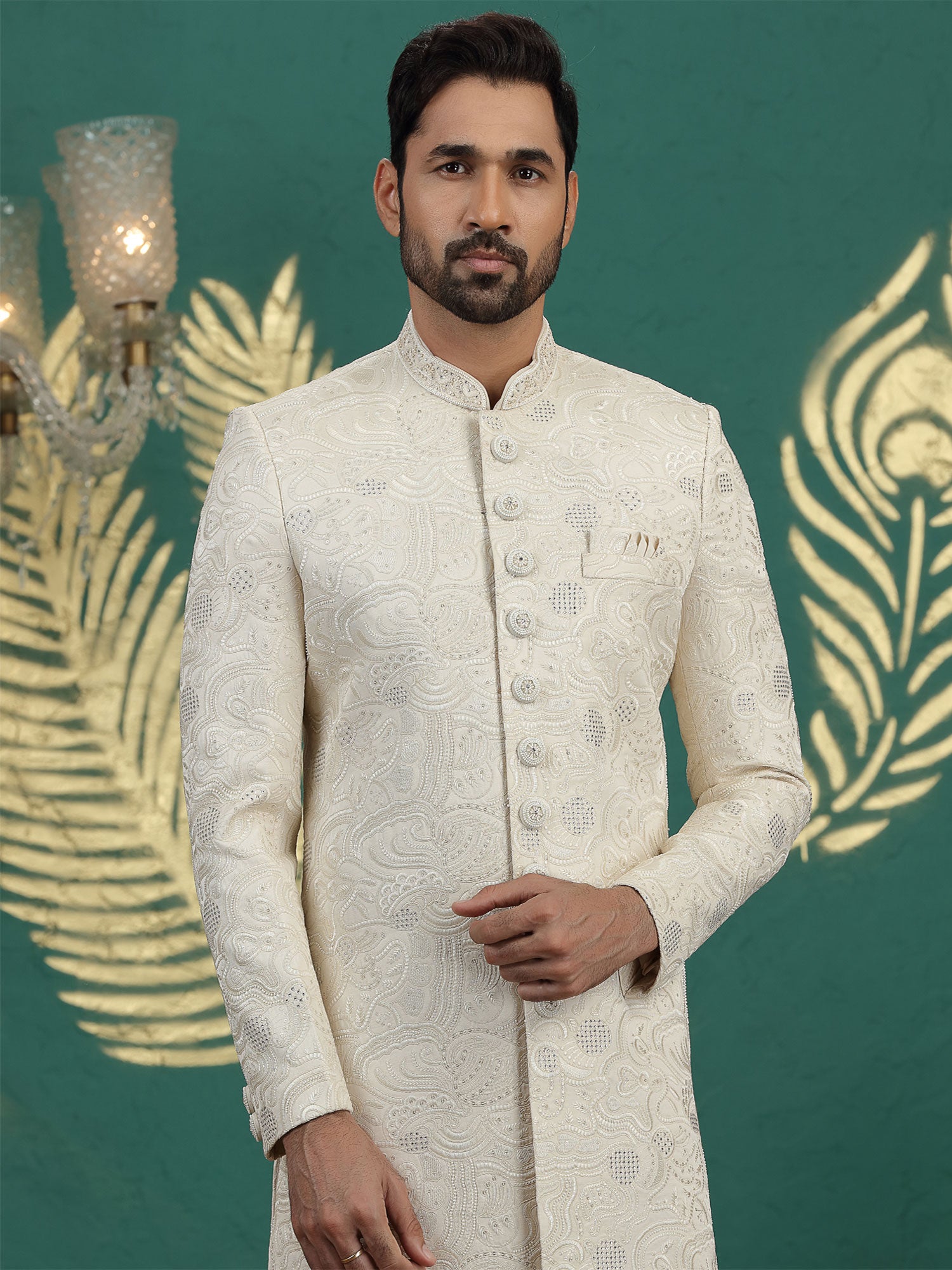Cream Stone Work Embroidered Silk Sherwani Set