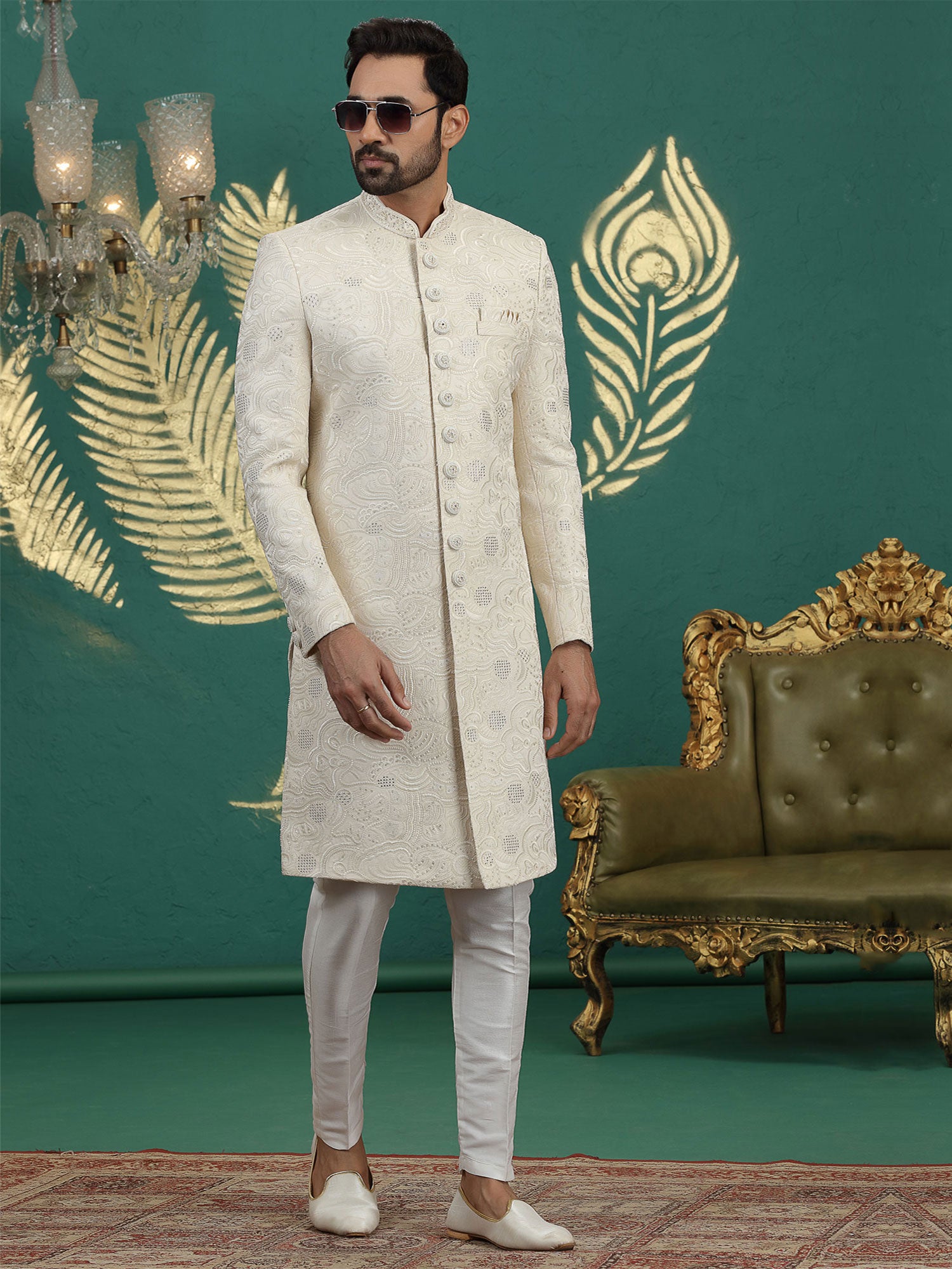 Cream Stone Work Embroidered Silk Sherwani Set