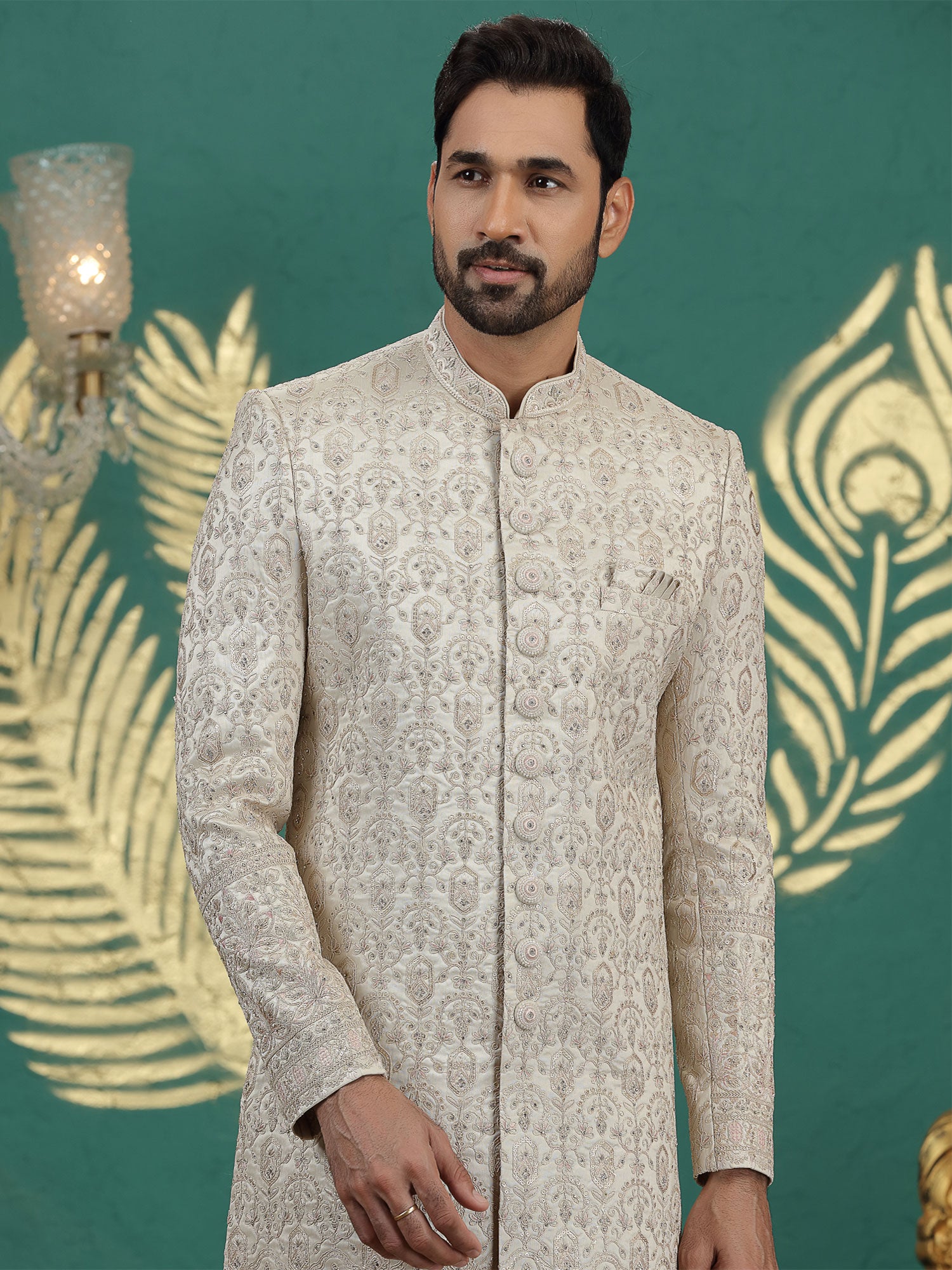 Beige Heavy Floral Thread Work Men's Sherwani