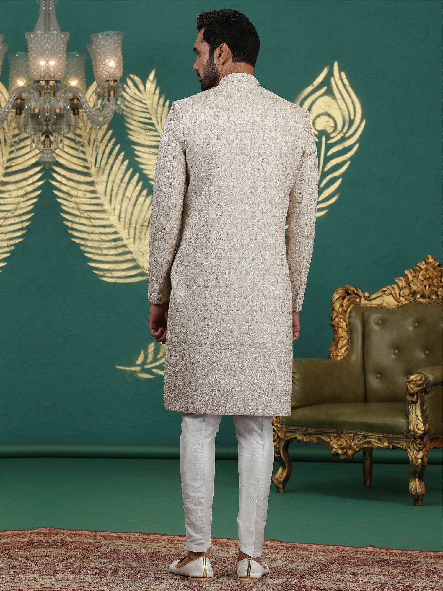 Beige Heavy Floral Thread Work Men's Sherwani