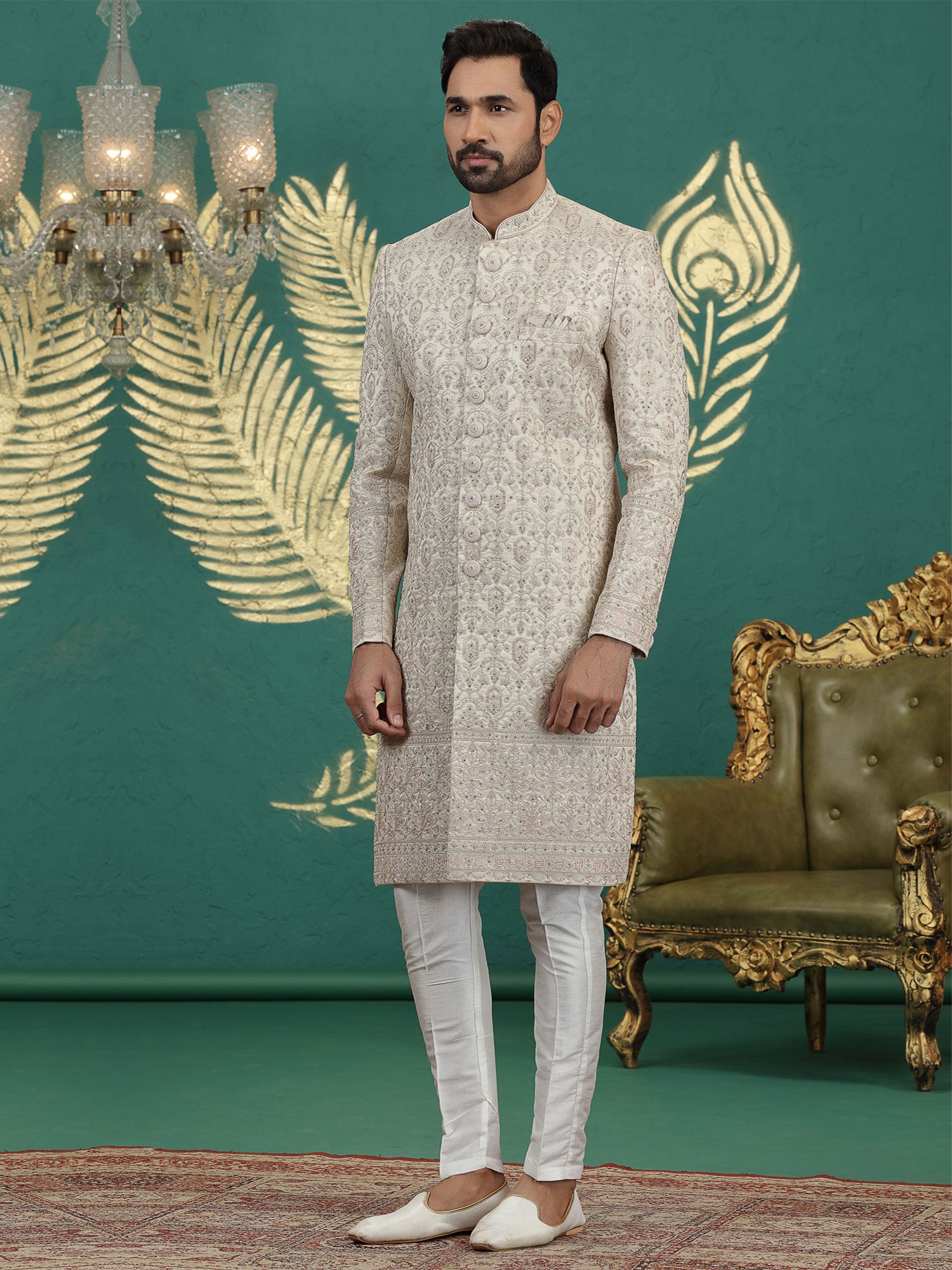 Beige Heavy Floral Thread Work Men's Sherwani