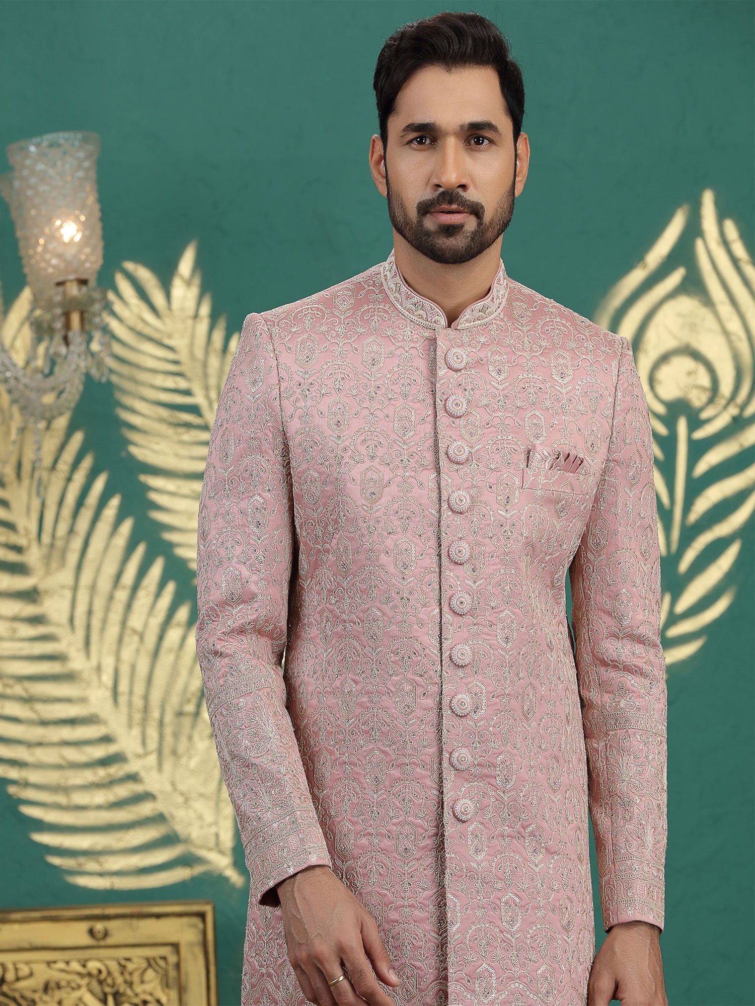 Onion Pink Heavy Embroidered Sherwani For Mens