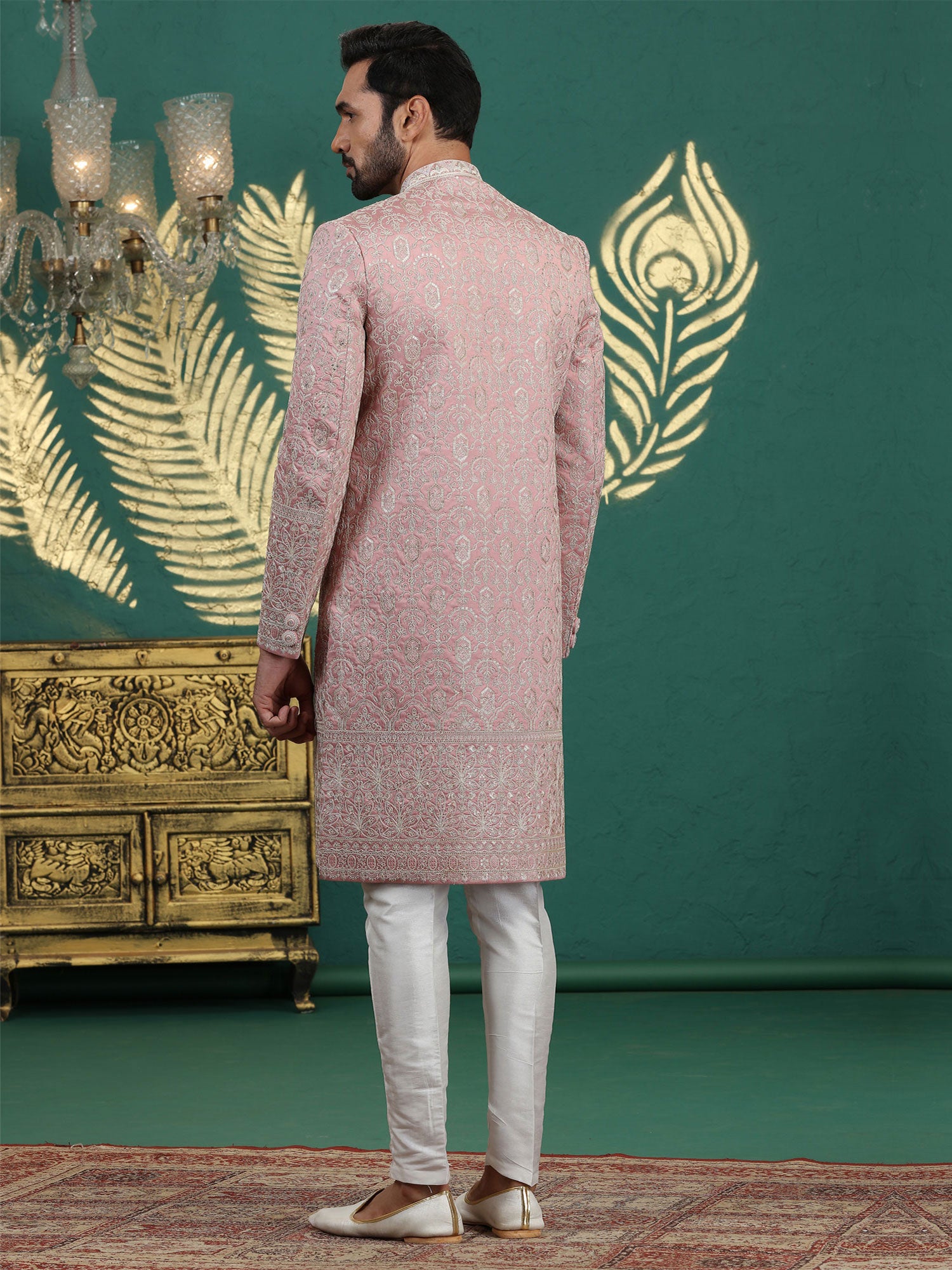 Onion Pink Heavy Embroidered Sherwani For Mens