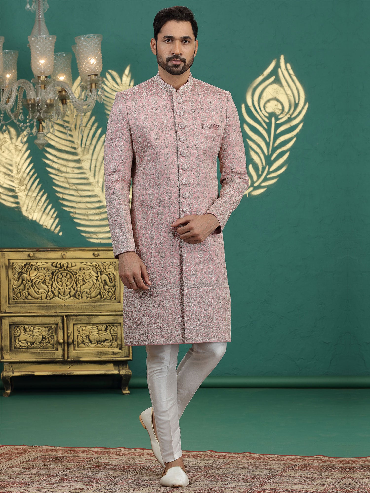 Onion Pink Heavy Embroidered Sherwani For Mens